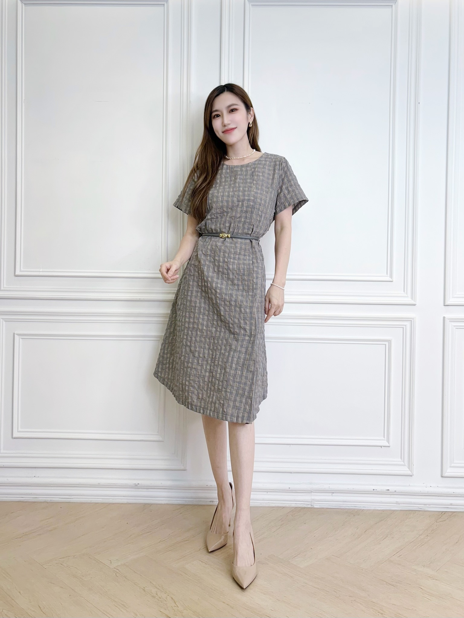 揉皺格紋短袖短傘洋