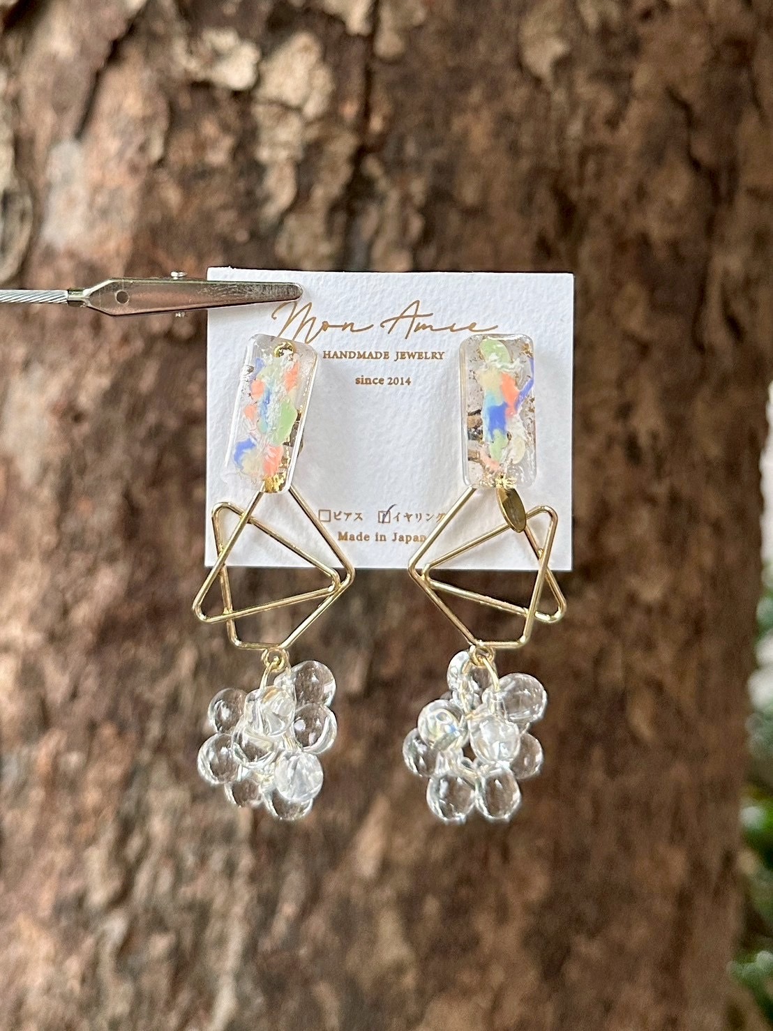 [Mon Amie] 2way 彩繪方形幾何透明珠耳環 | 自然款 | NO.35 | 耳夾