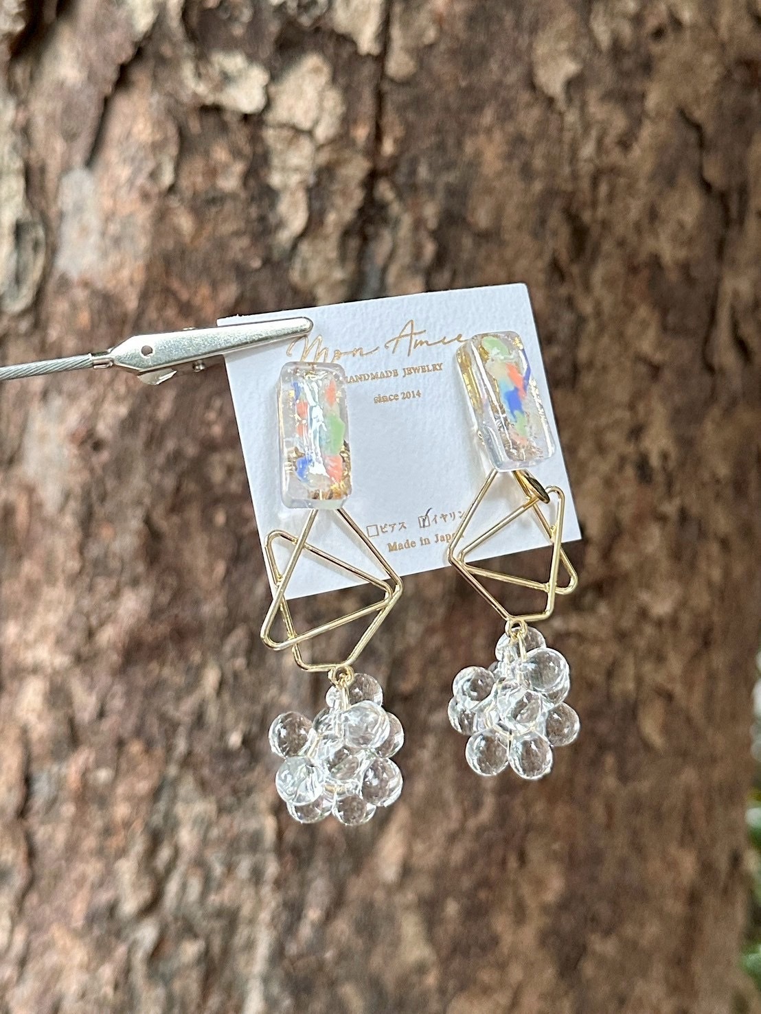 [Mon Amie] 2way 彩繪方形幾何透明珠耳環 | 自然款 | NO.35 | 耳夾