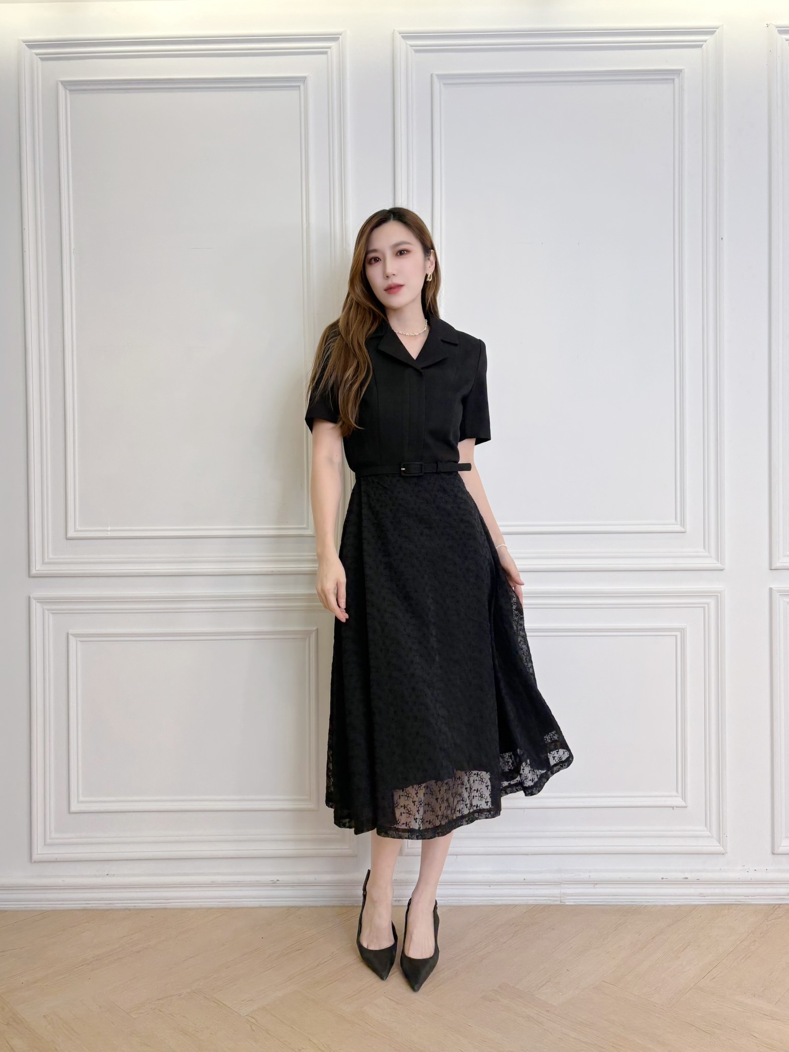 短袖腰帶蕾絲傘洋