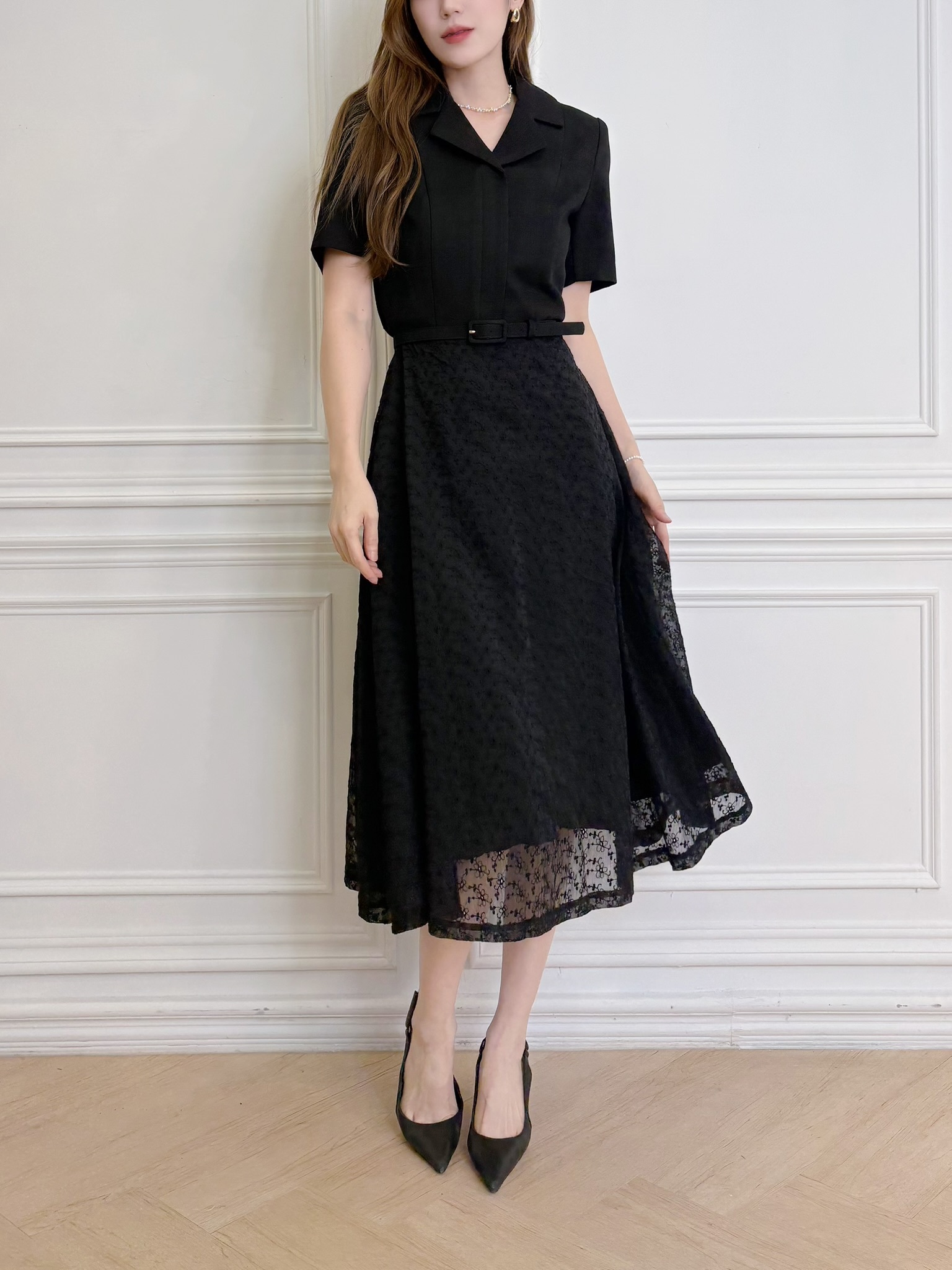 短袖腰帶蕾絲傘洋