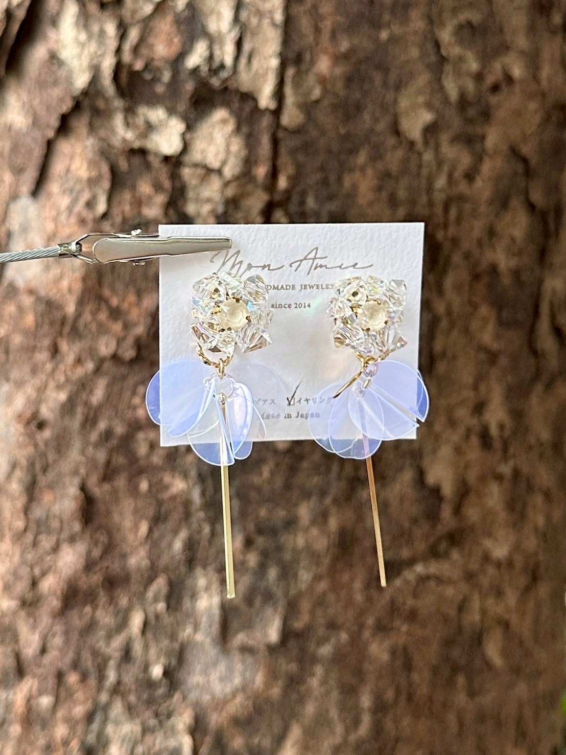 [Mon Amie] 2way 串珠花卉寶石吊棒耳環 | 透明款 | NO.37 | 耳夾