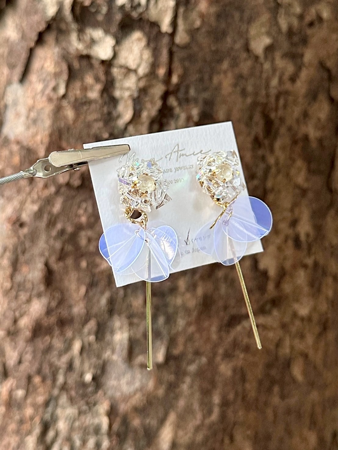 [Mon Amie] 2way 串珠花卉寶石吊棒耳環 | 透明款 | NO.37 | 耳夾