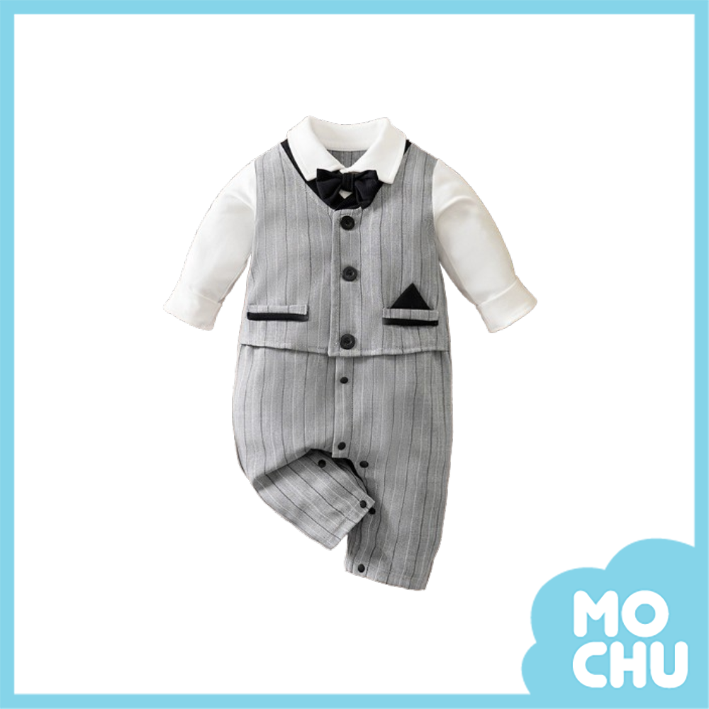 英倫條紋假兩件長袖連身衣(二色)