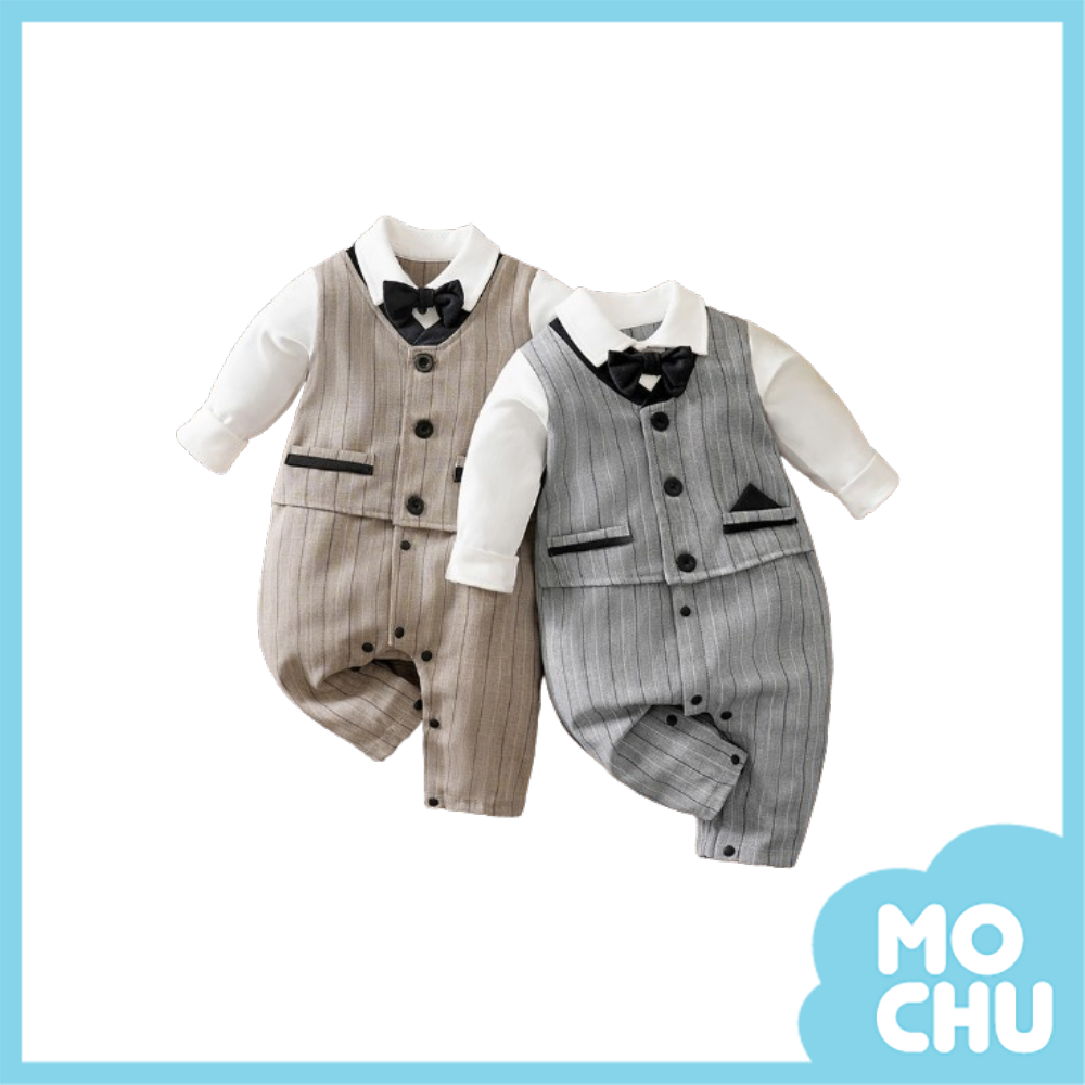 英倫條紋假兩件長袖連身衣(二色)