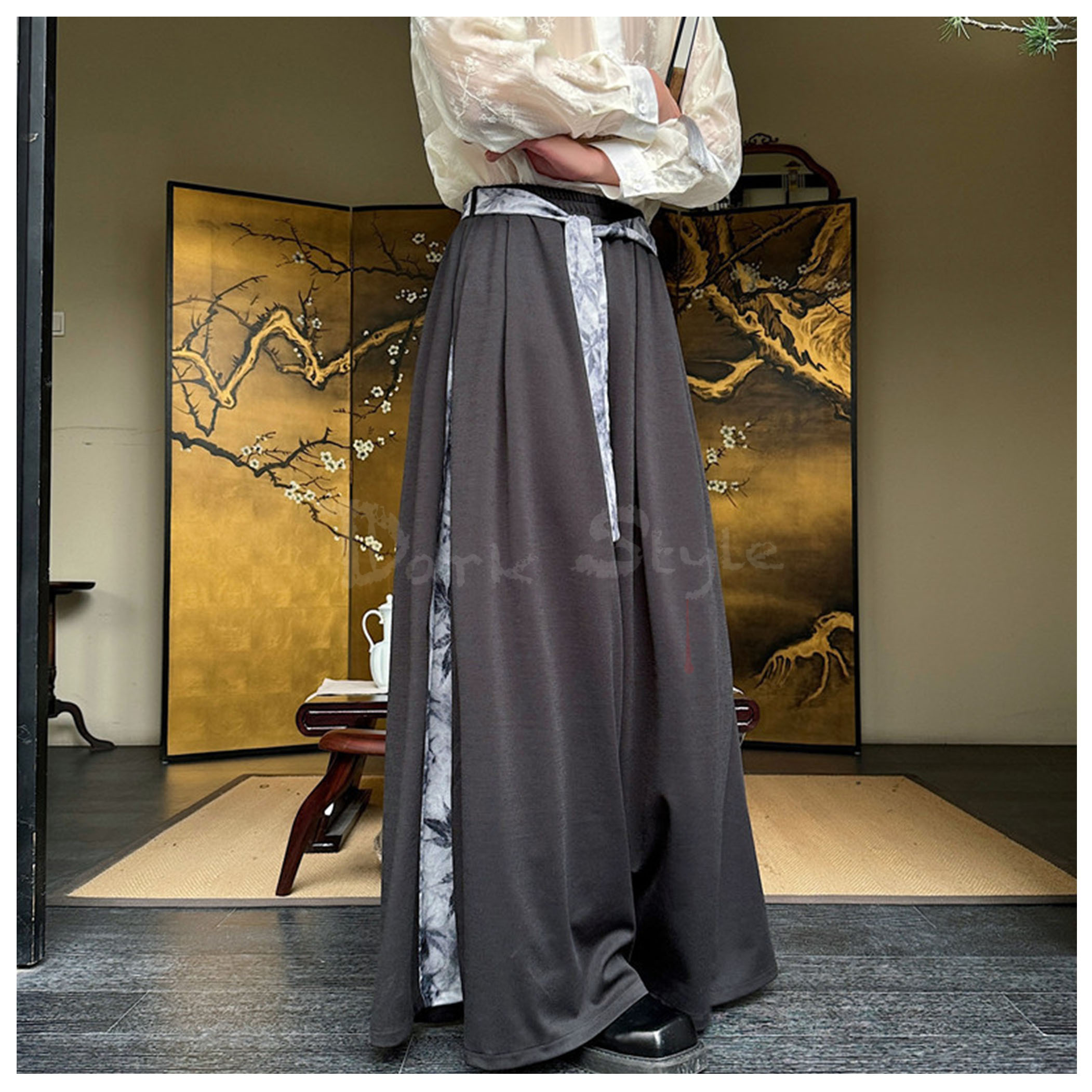 楓-腰飾帶拼布寬版褲裙 (個性穿搭)