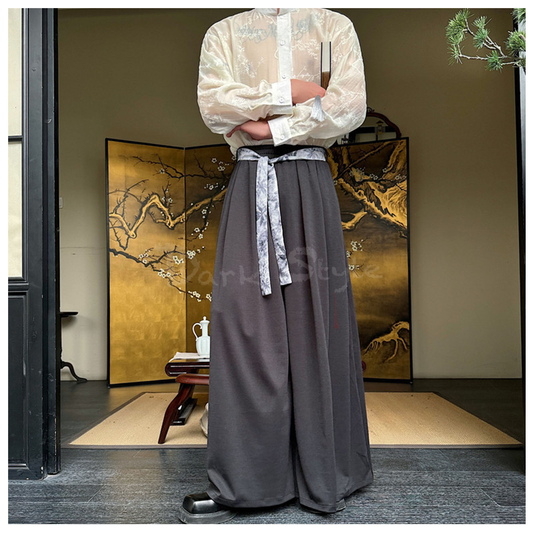 楓-腰飾帶拼布寬版褲裙 (個性穿搭)