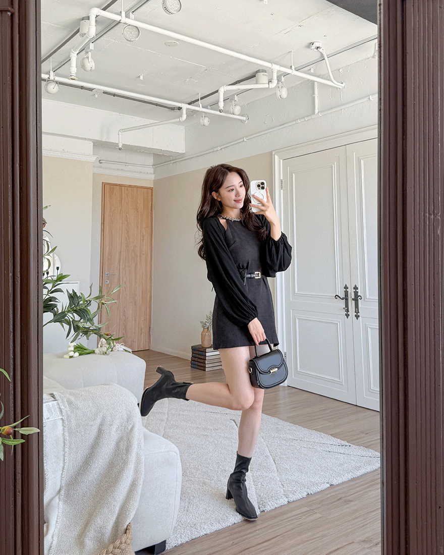 LINA LINA精美序曲珍珠削肩洋裝外套兩件組－唯美黑Ｍ/L