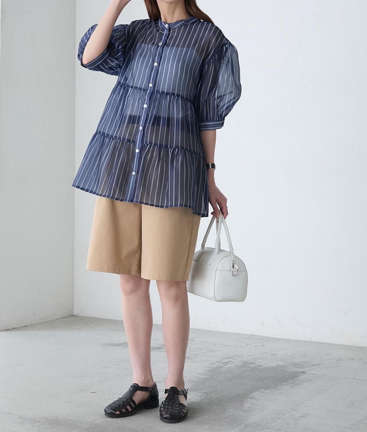 【預購】JN090903 BONLECILL 透視分層立領襯衫 (free size)