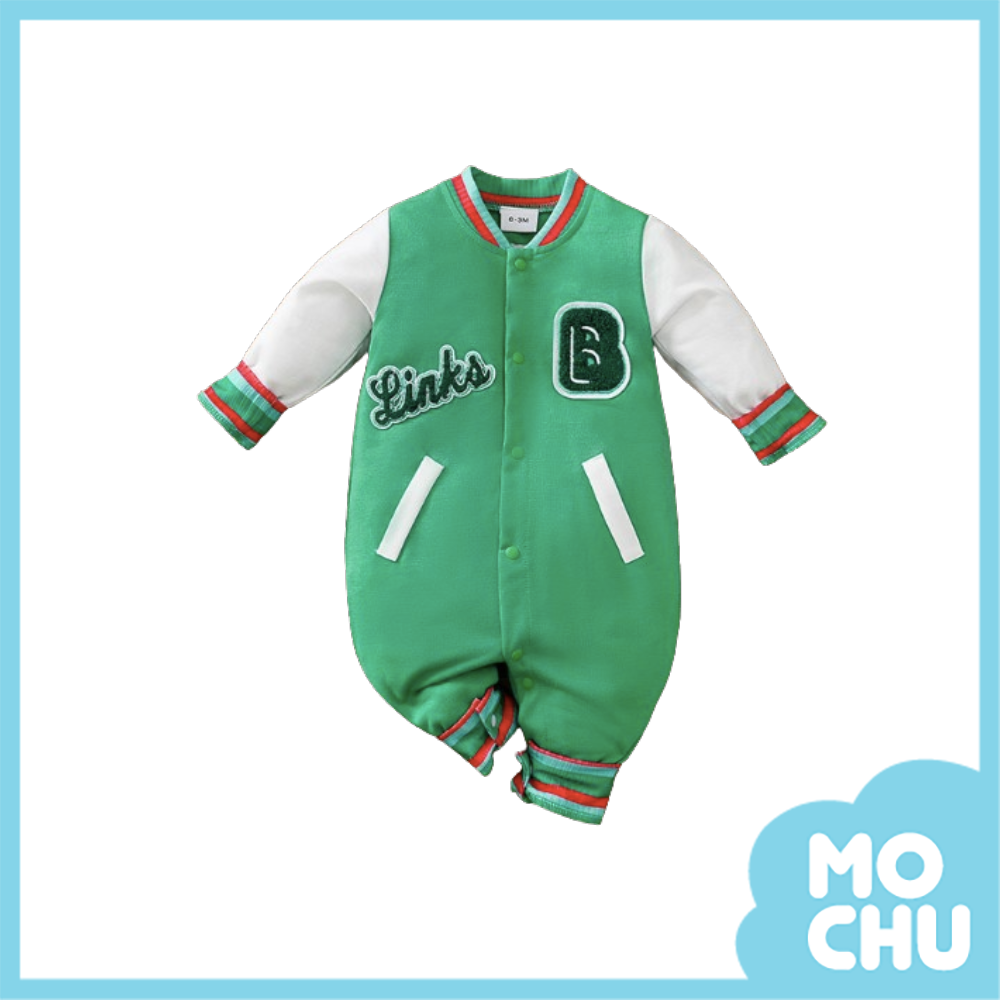 字母貼布紅綠邊長袖連身衣