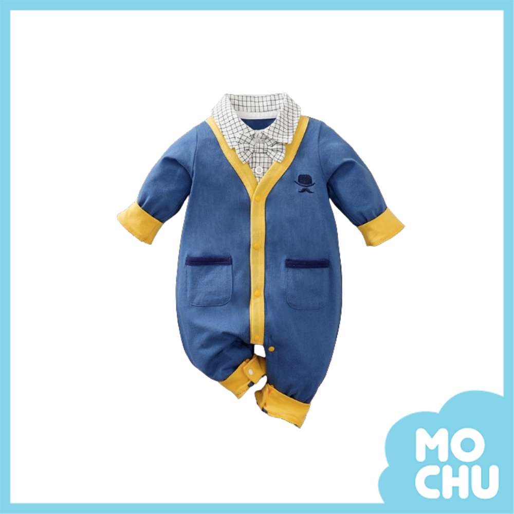 紳士文青格紋假兩件長袖連身衣