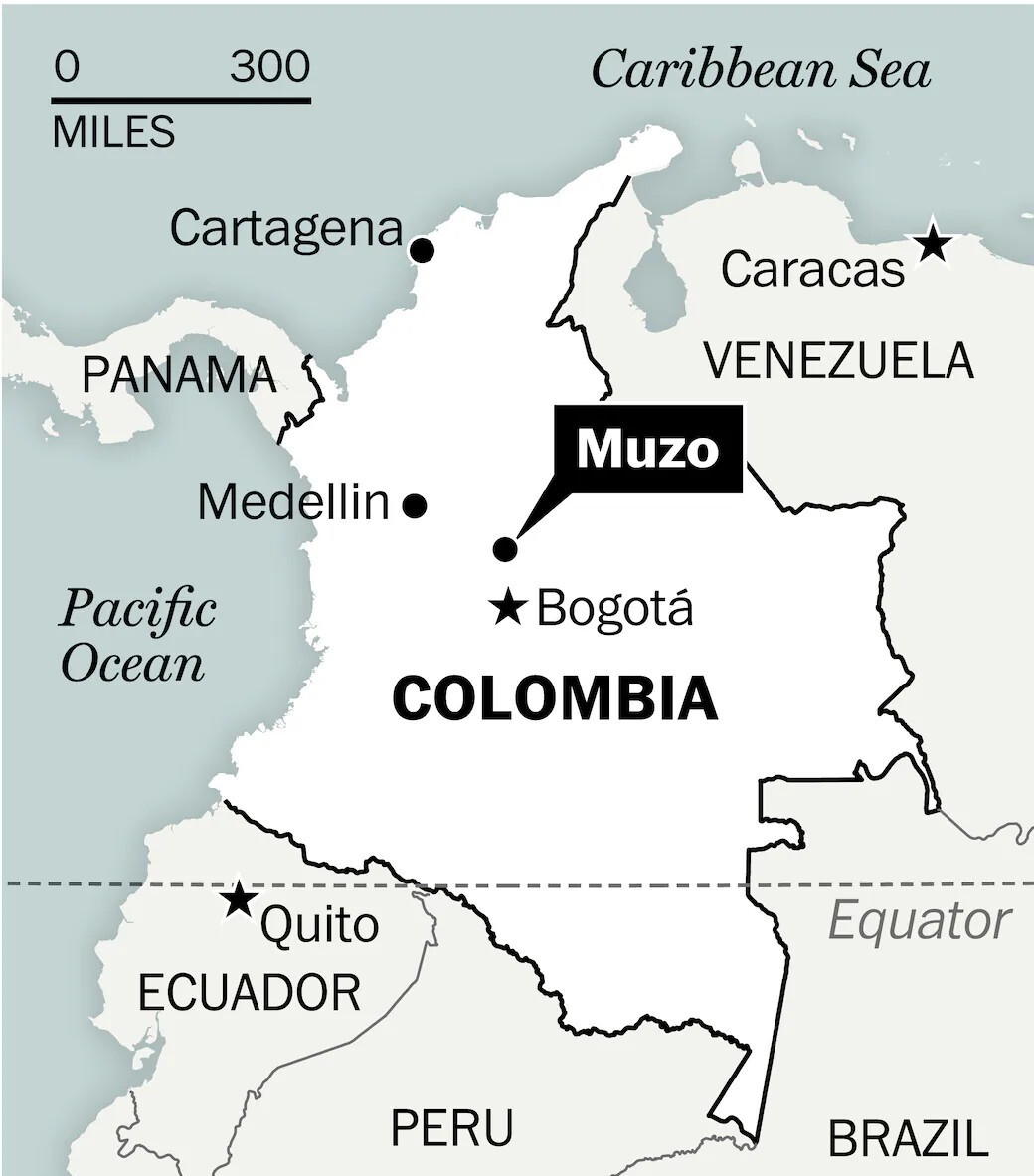 Map of Colombia highlighting Muzo, the country’s famous emerald mining region, located northwest of Bogotá.
