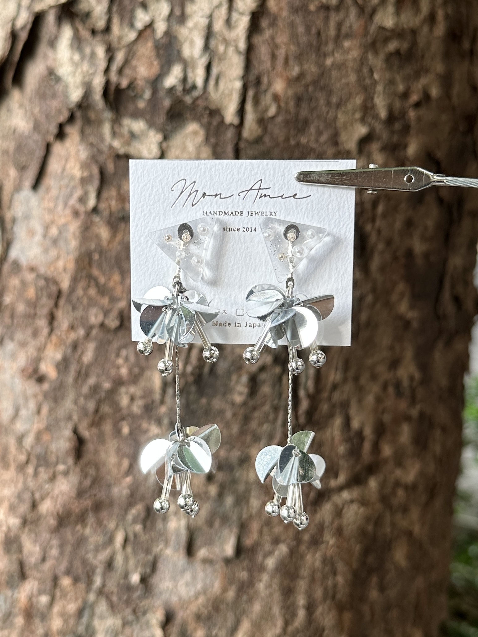 [Mon Amie] 2way 三角寶石亮片球耳環 | 銀色 | NO.44 | 耳針