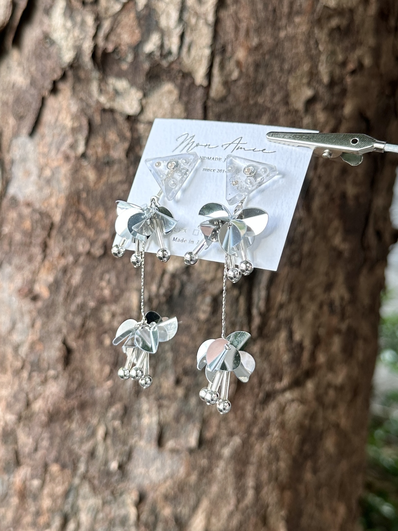 [Mon Amie] 2way 三角寶石亮片球耳環 | 銀色 | NO.44 | 耳針