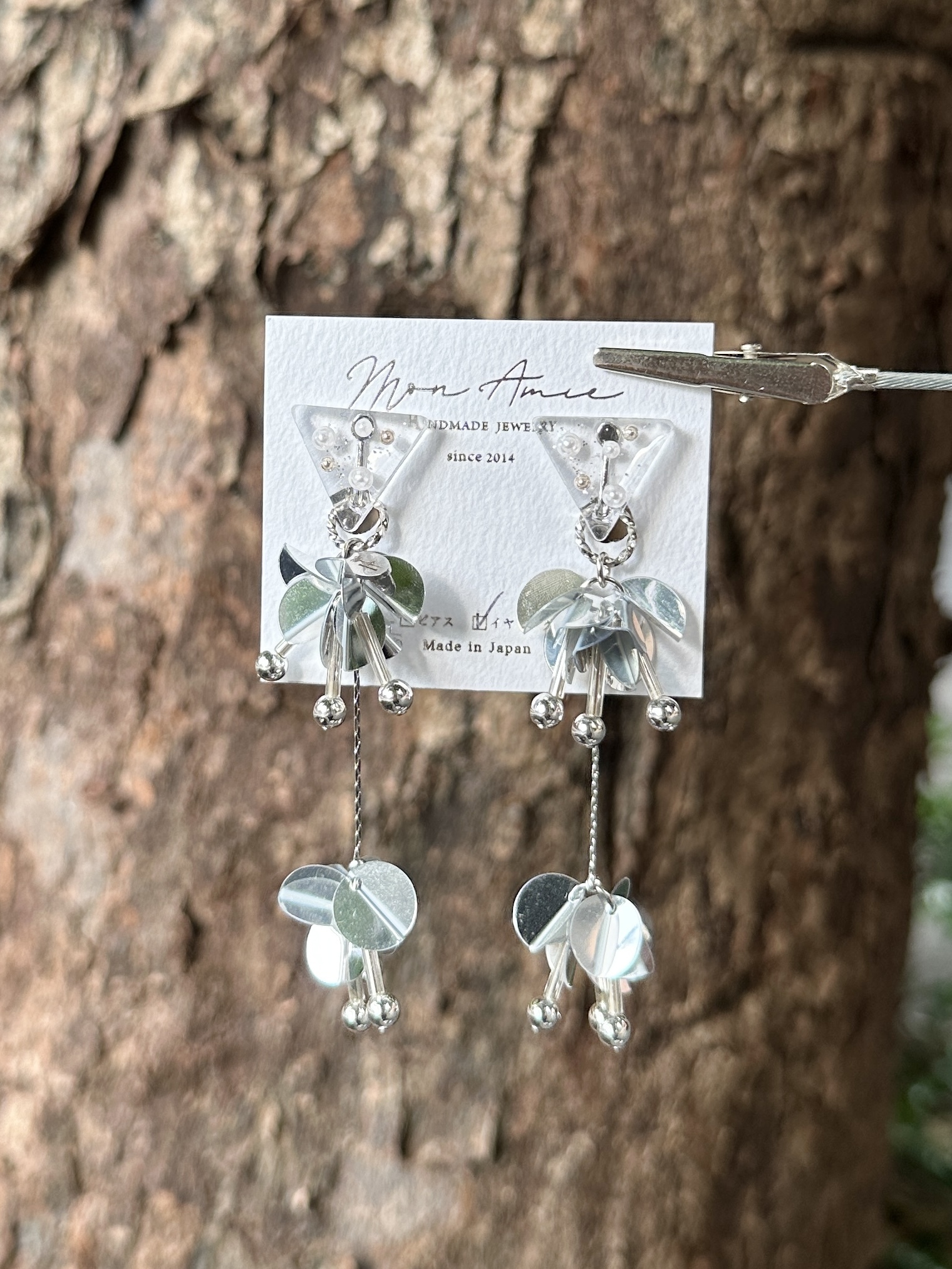 [Mon Amie] 2way 三角寶石亮片球耳環 | 銀色 | NO.44 | 耳夾