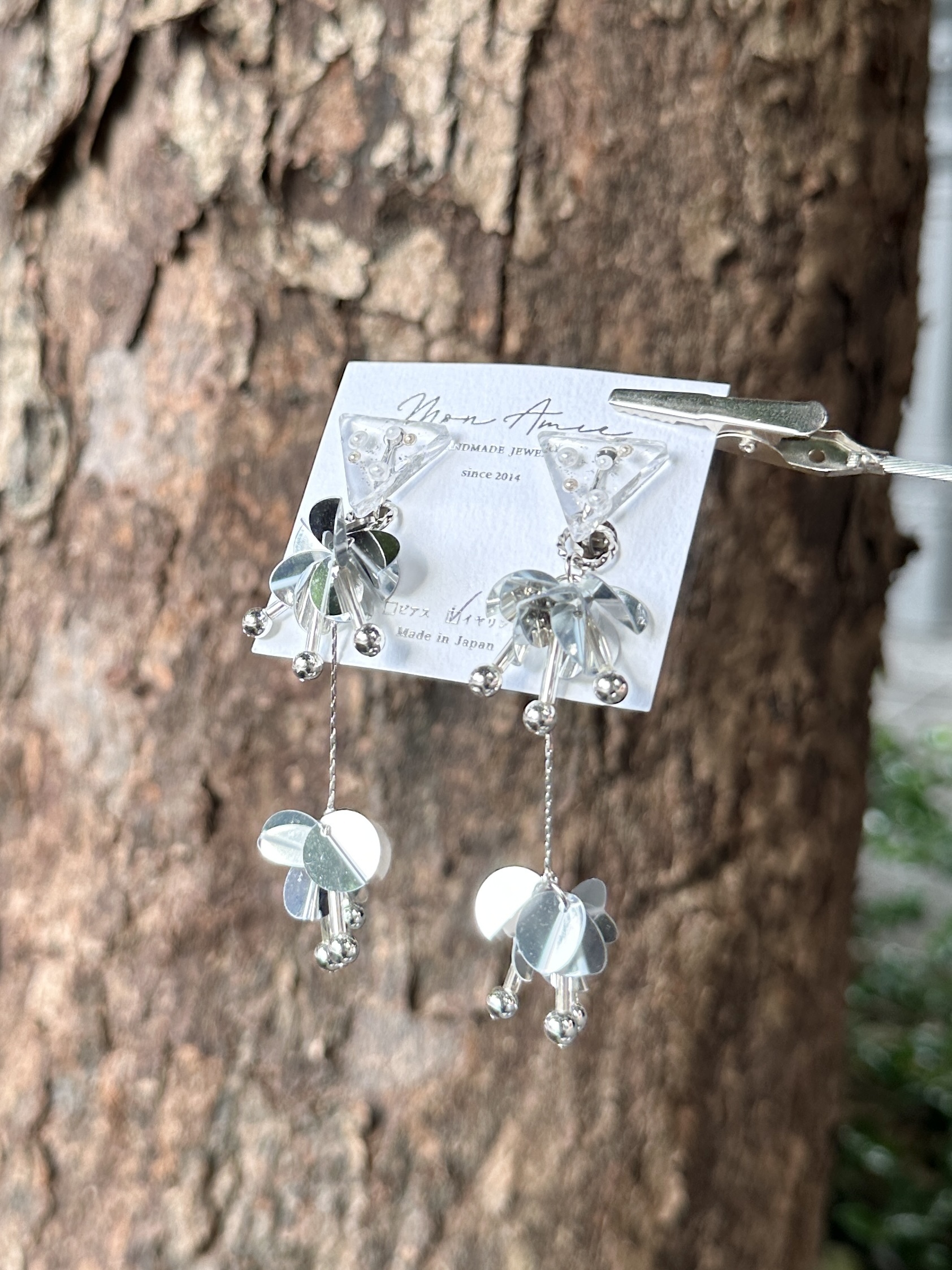 [Mon Amie] 2way 三角寶石亮片球耳環 | 銀色 | NO.44 | 耳夾