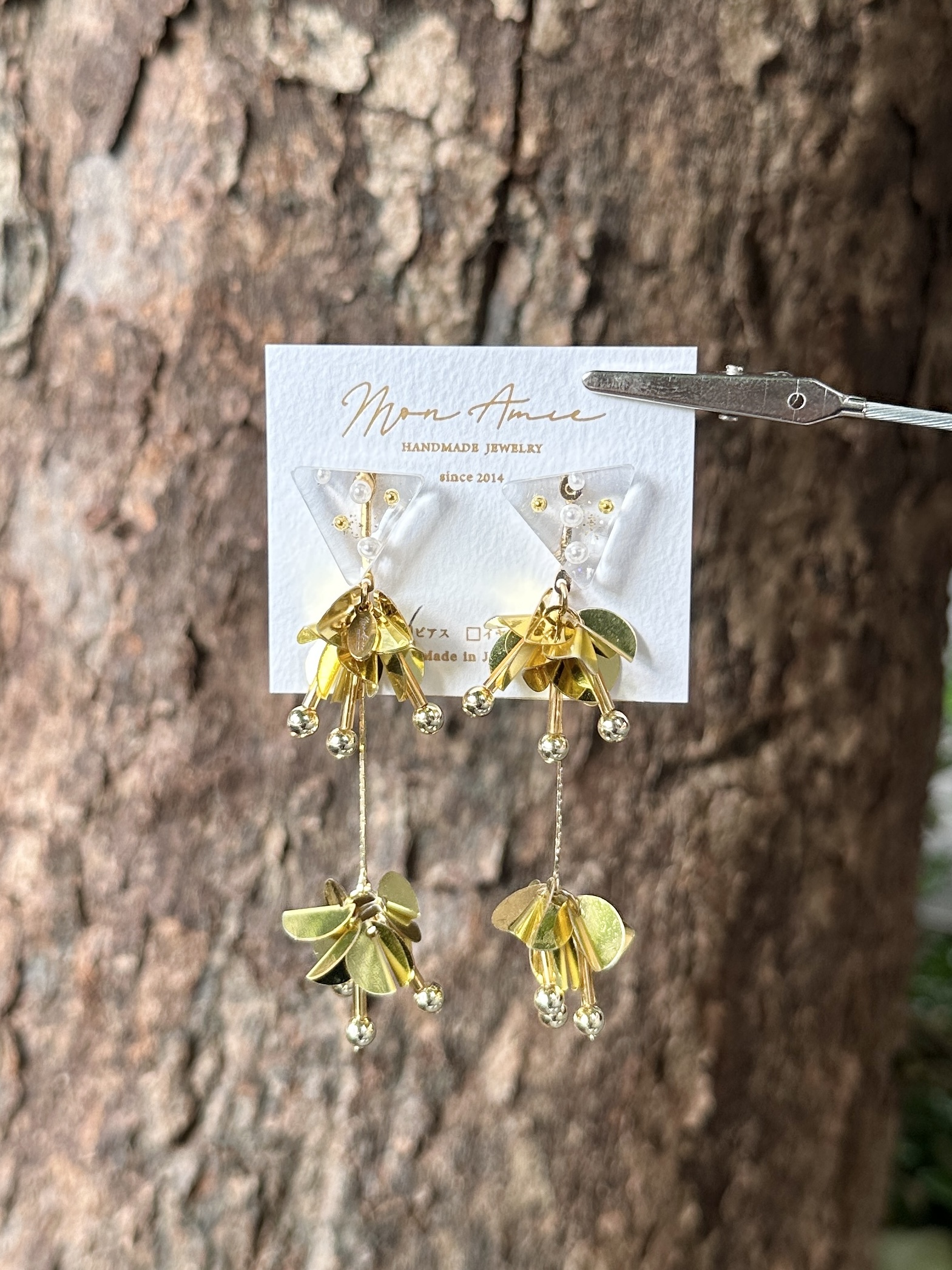 [Mon Amie] 2way 三角寶石亮片球耳環 | 金色 | NO.45 | 耳針