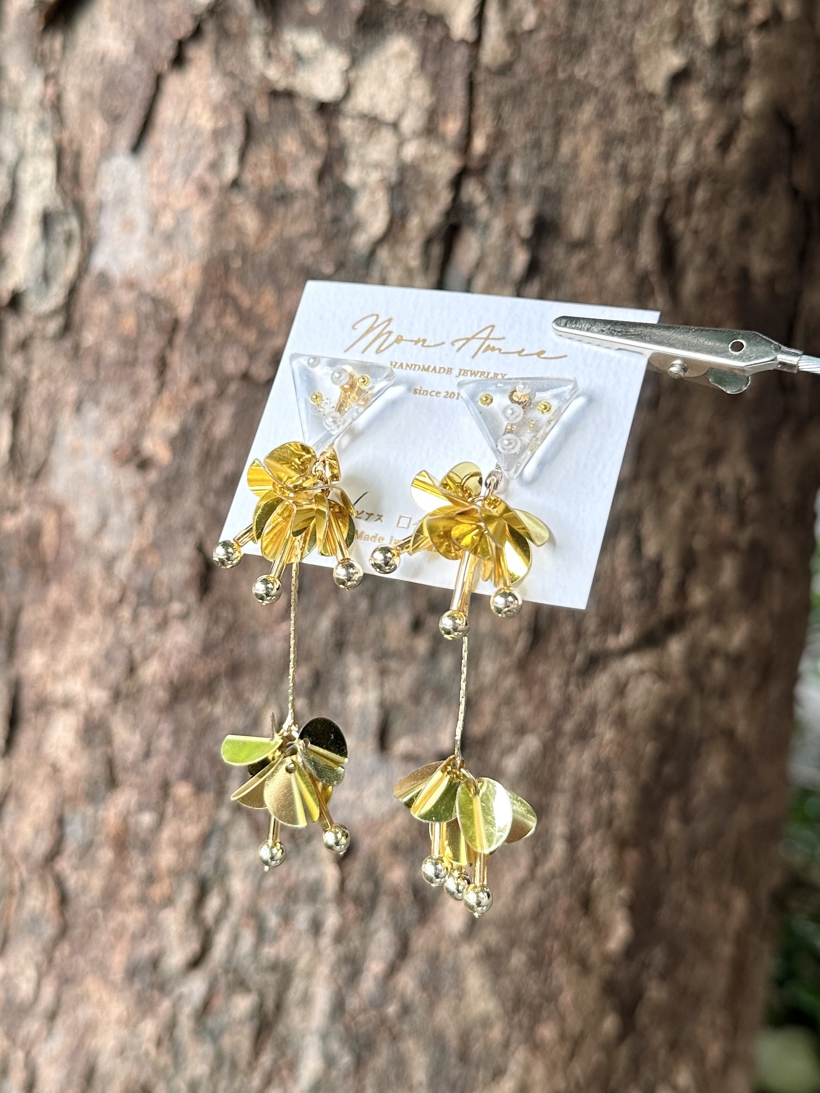 [Mon Amie] 2way 三角寶石亮片球耳環 | 金色 | NO.45 | 耳針