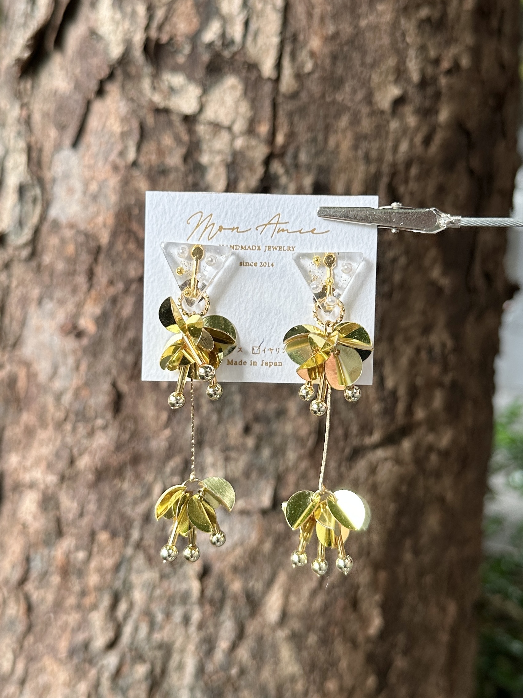 [Mon Amie] 2way 三角寶石亮片球耳環 | 金色 | NO.45 | 耳夾