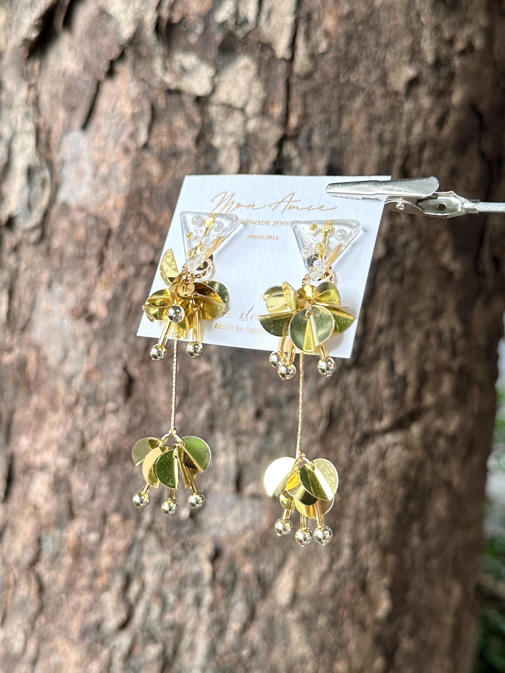 [Mon Amie] 2way 三角寶石亮片球耳環 | 金色 | NO.45 | 耳夾