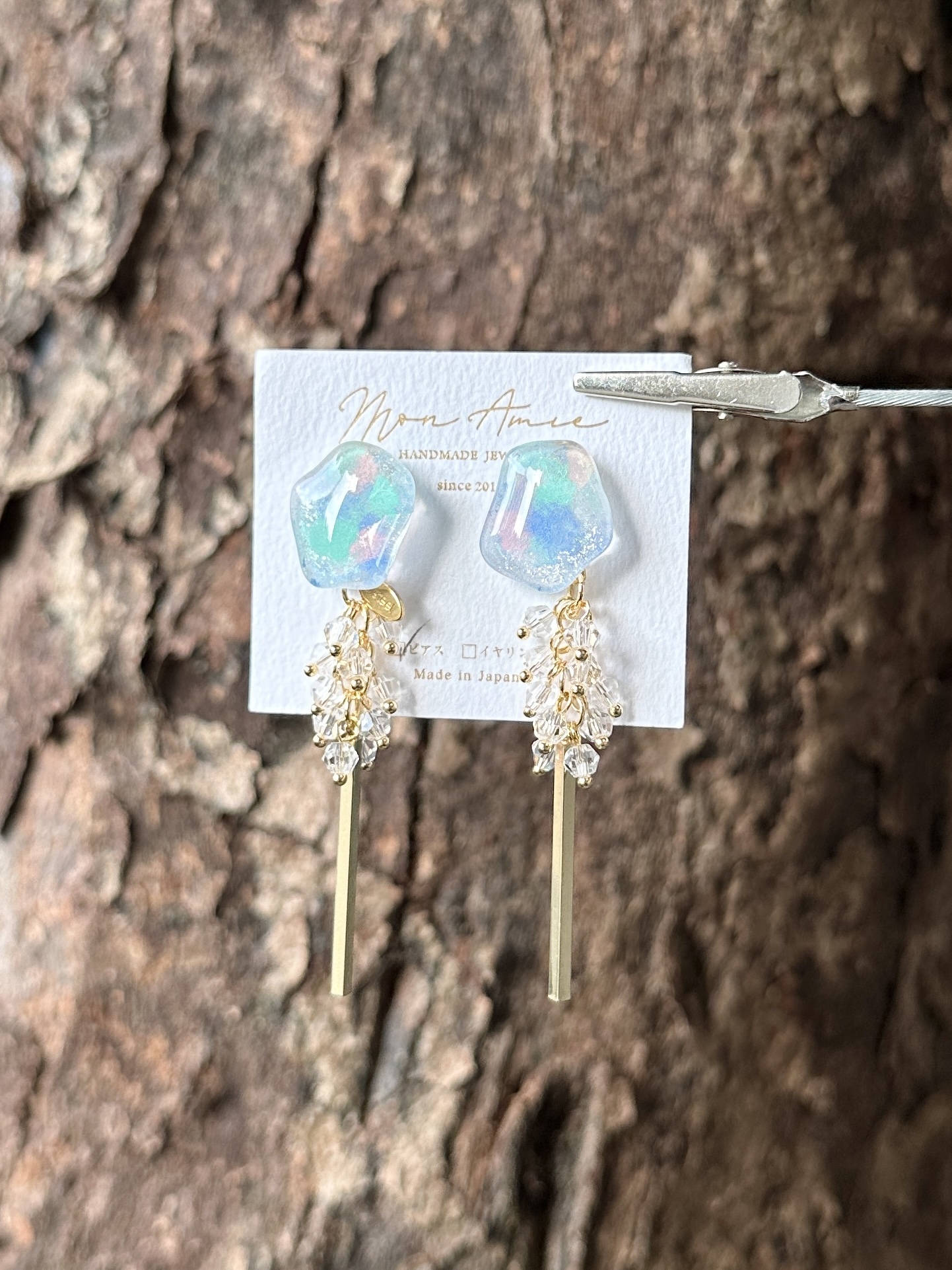 [Mon Amie] 2way 彩繪水滴透明珠吊棒耳環 | 藍色 | NO.46 | 耳針