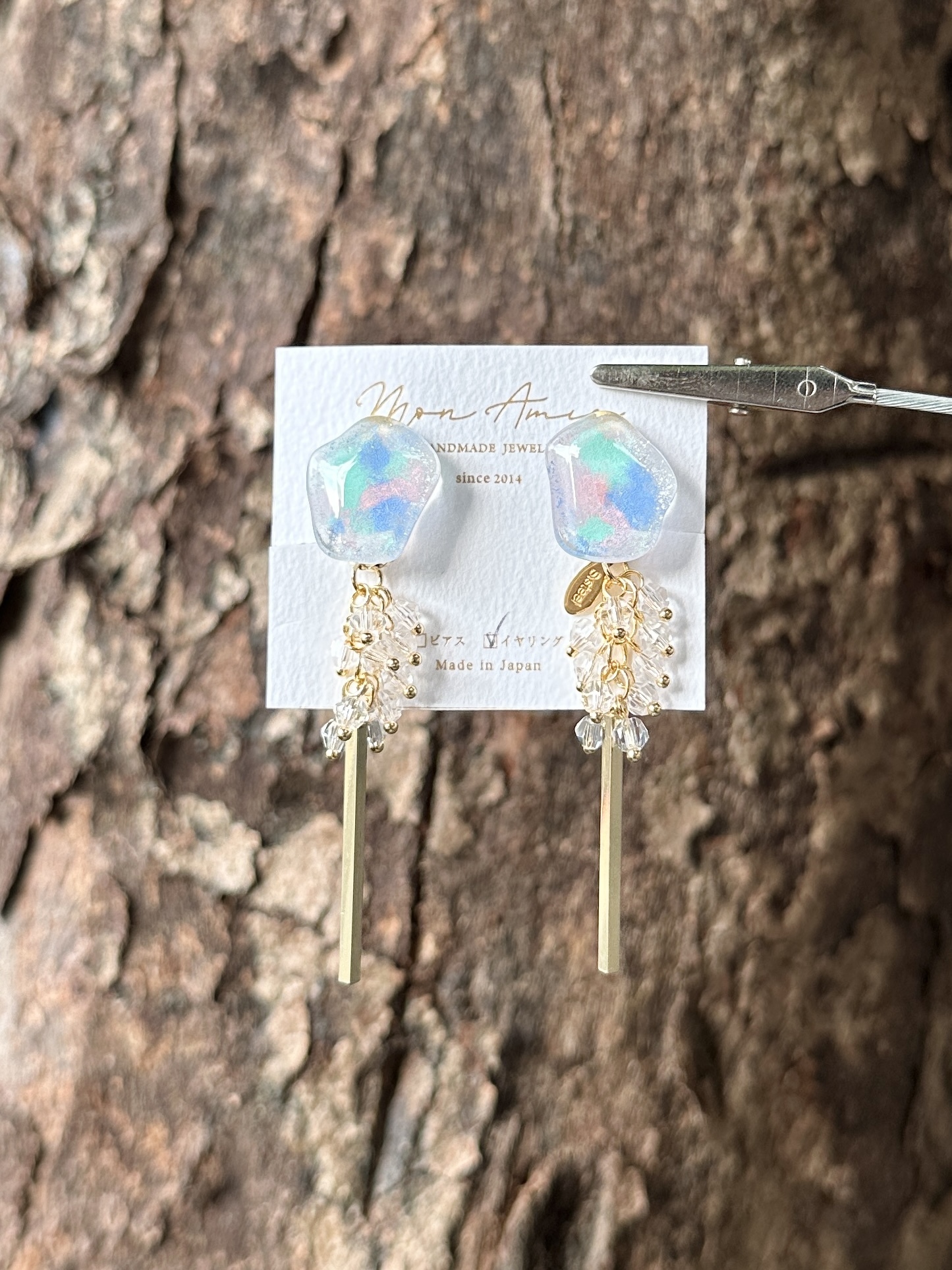 [Mon Amie] 2way 彩繪水滴透明珠吊棒耳環 | 藍色 | NO.46 | 耳夾