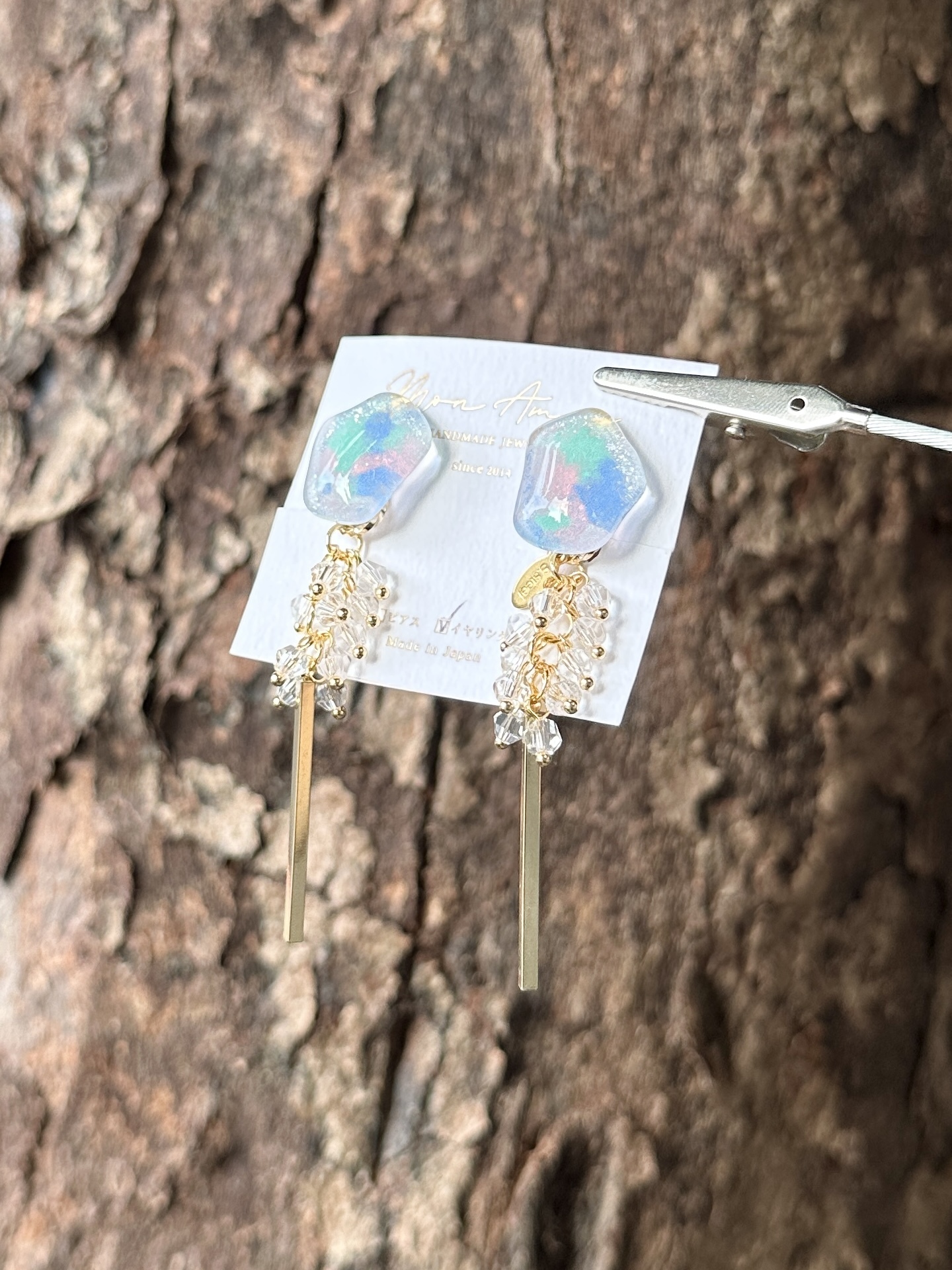 [Mon Amie] 2way 彩繪水滴透明珠吊棒耳環 | 藍色 | NO.46 | 耳夾