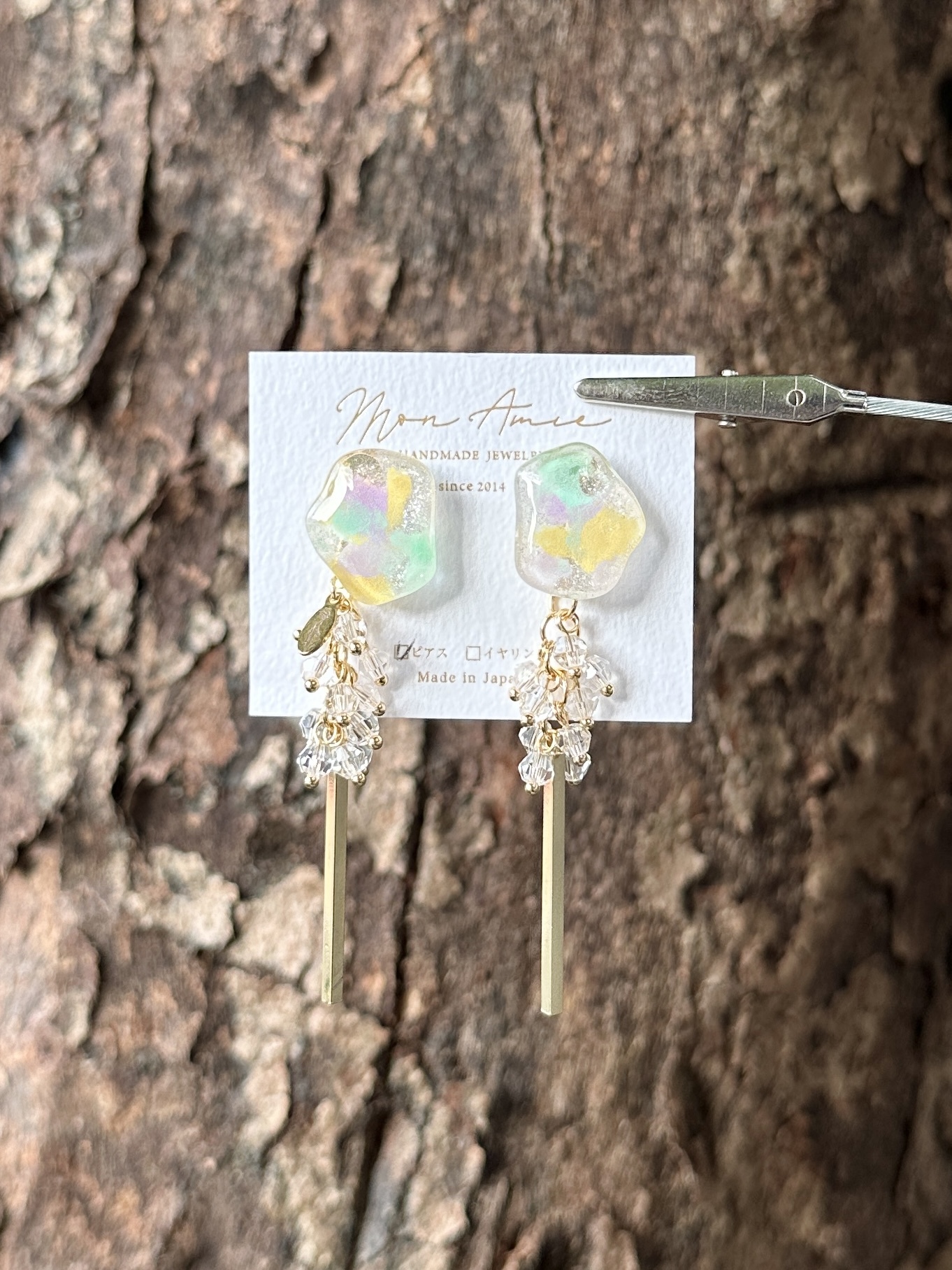 [Mon Amie] 2way 彩繪水滴透明珠吊棒耳環 | 綠色 | NO.47 | 耳針