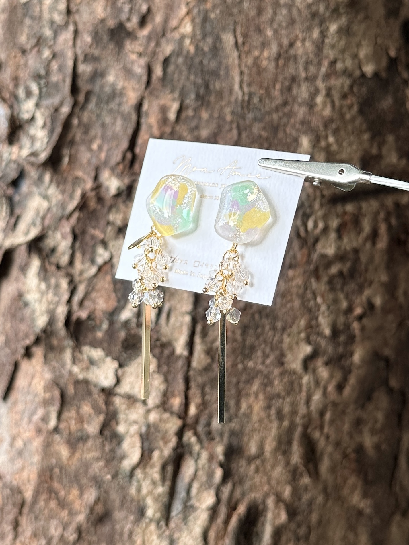 [Mon Amie] 2way 彩繪水滴透明珠吊棒耳環 | 綠色 | NO.47 | 耳針