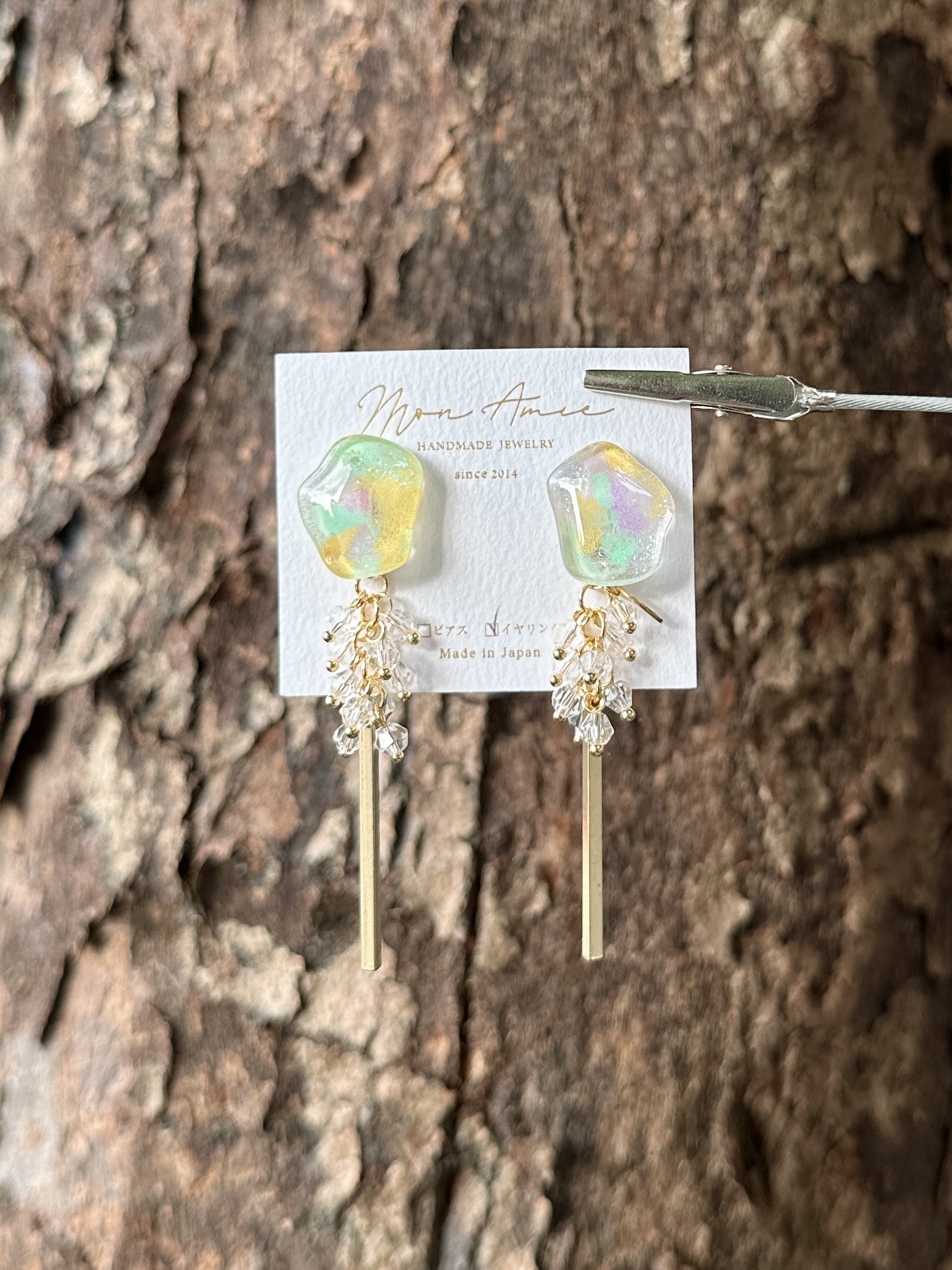 [Mon Amie] 2way 彩繪水滴透明珠吊棒耳環 | 綠色 | NO.47 | 耳夾