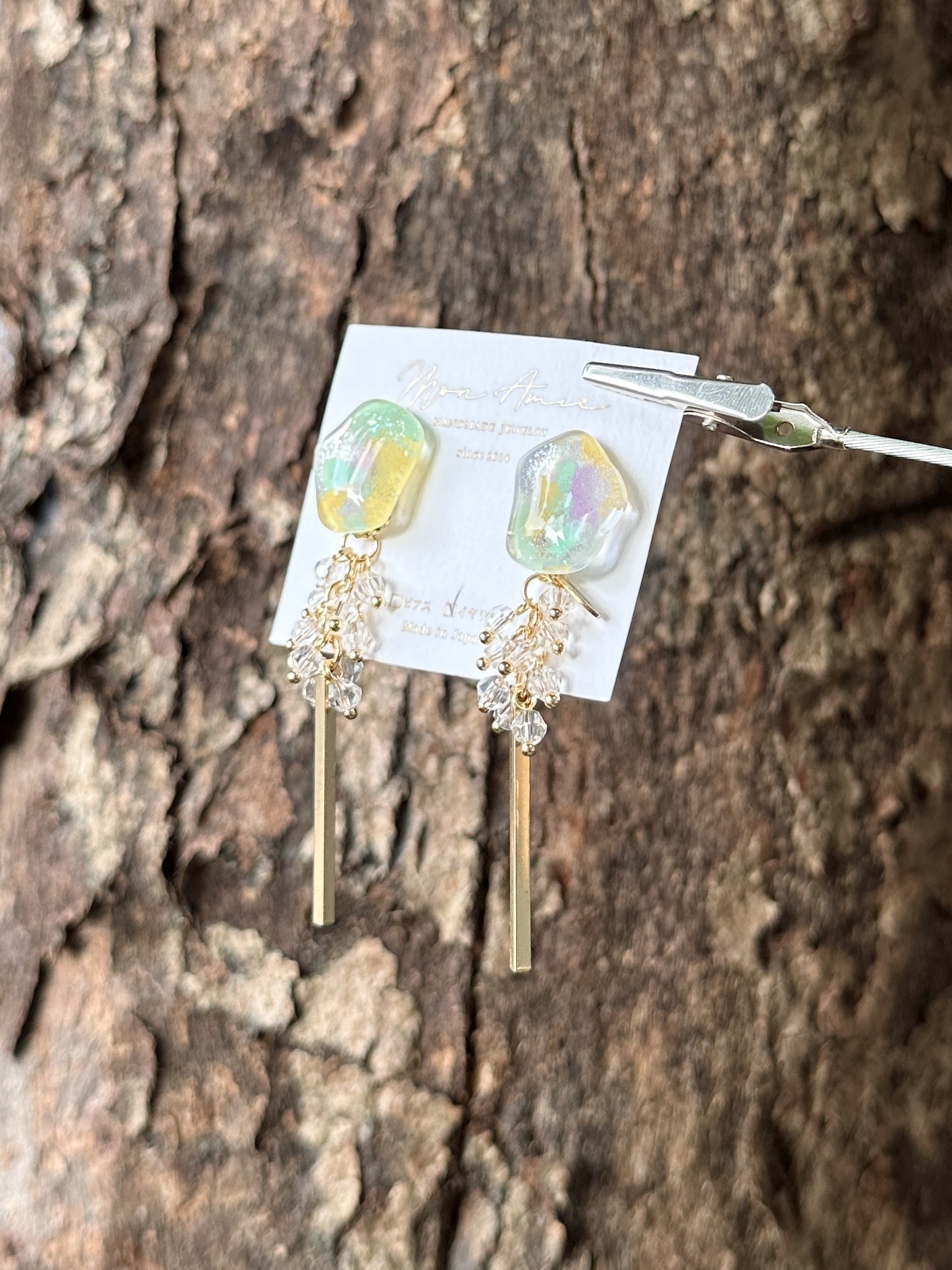 [Mon Amie] 2way 彩繪水滴透明珠吊棒耳環 | 綠色 | NO.47 | 耳夾