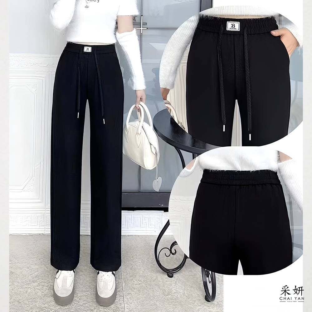 蕾絲字母布標鬆緊腰休閒長褲