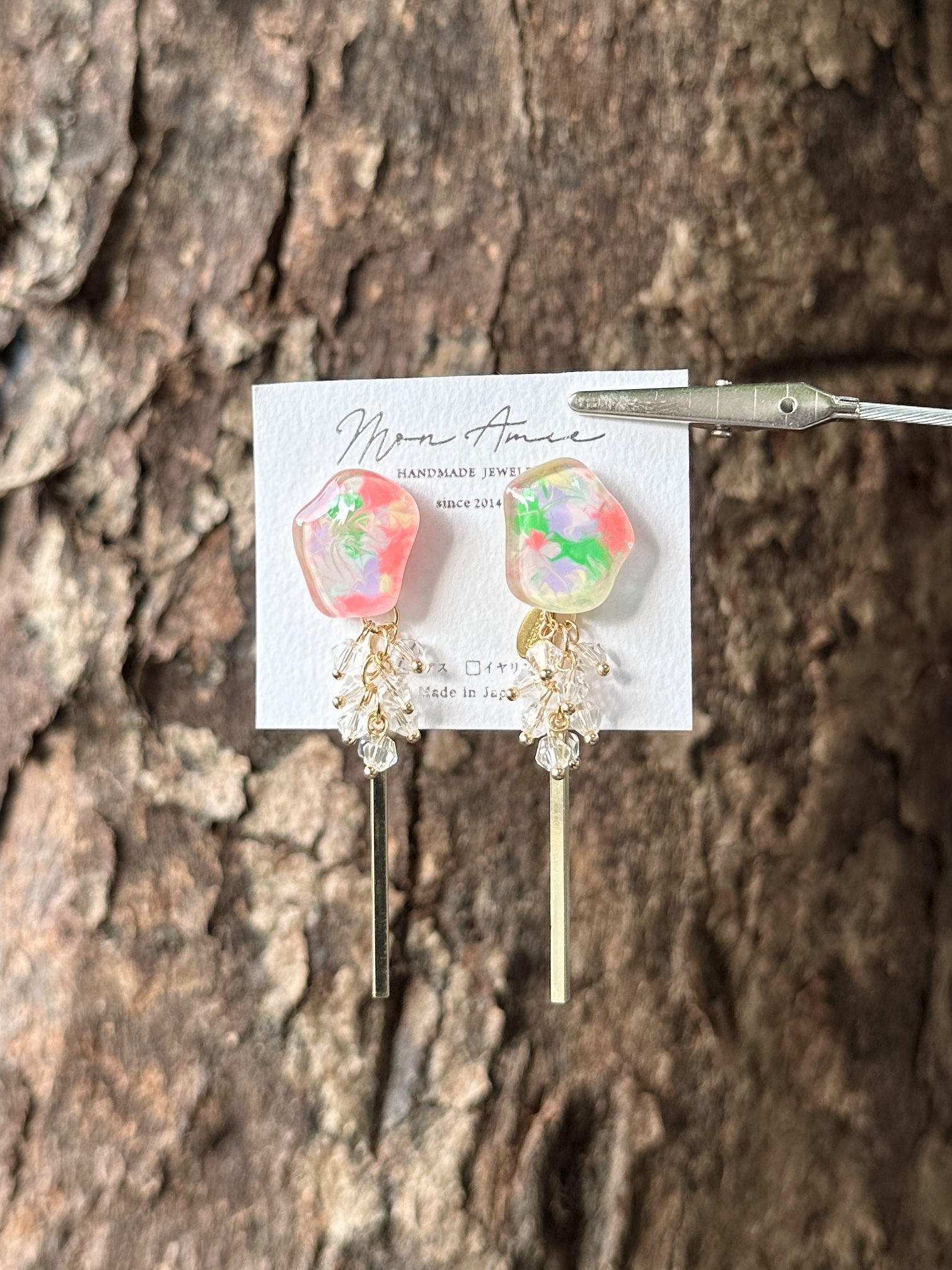 [Mon Amie] 2way 彩繪水滴透明珠吊棒耳環 | 粉色 | NO.48 | 耳針