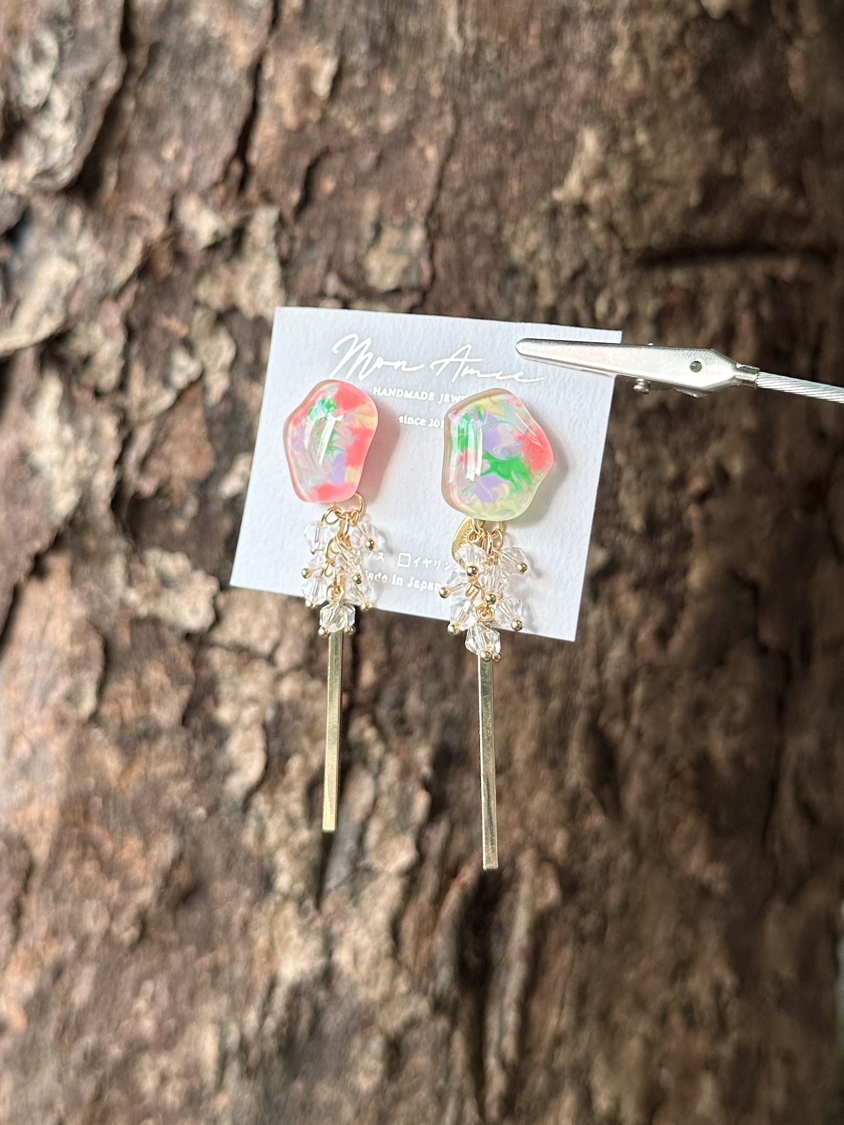 [Mon Amie] 2way 彩繪水滴透明珠吊棒耳環 | 粉色 | NO.48 | 耳針