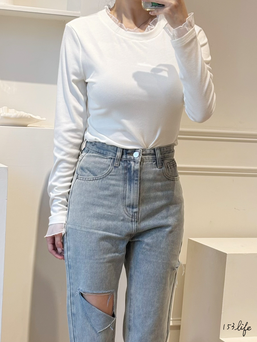 |現貨|領袖邊拼接網紗內搭上衣(2色)