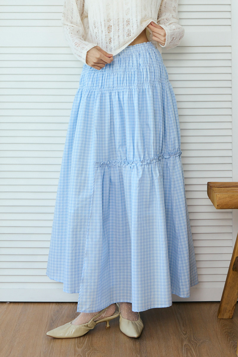 前襬開衩抓褶格紋長裙