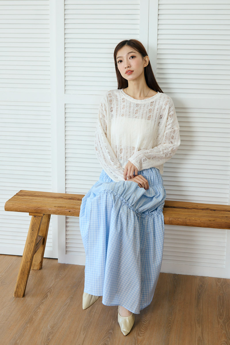 前襬開衩抓褶格紋長裙