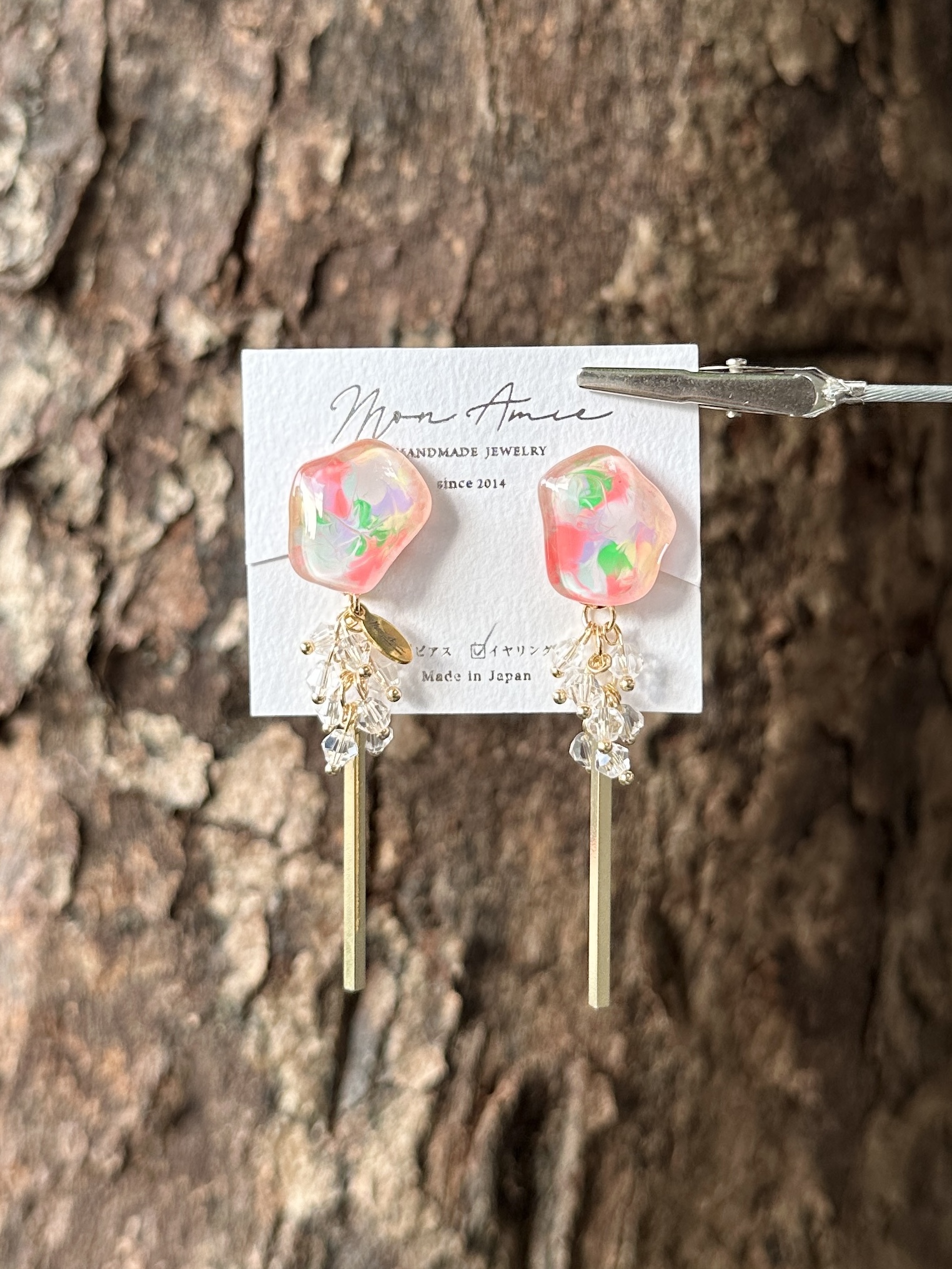 [Mon Amie] 2way 彩繪水滴透明珠吊棒耳環 | 粉色 | NO.48 | 耳夾