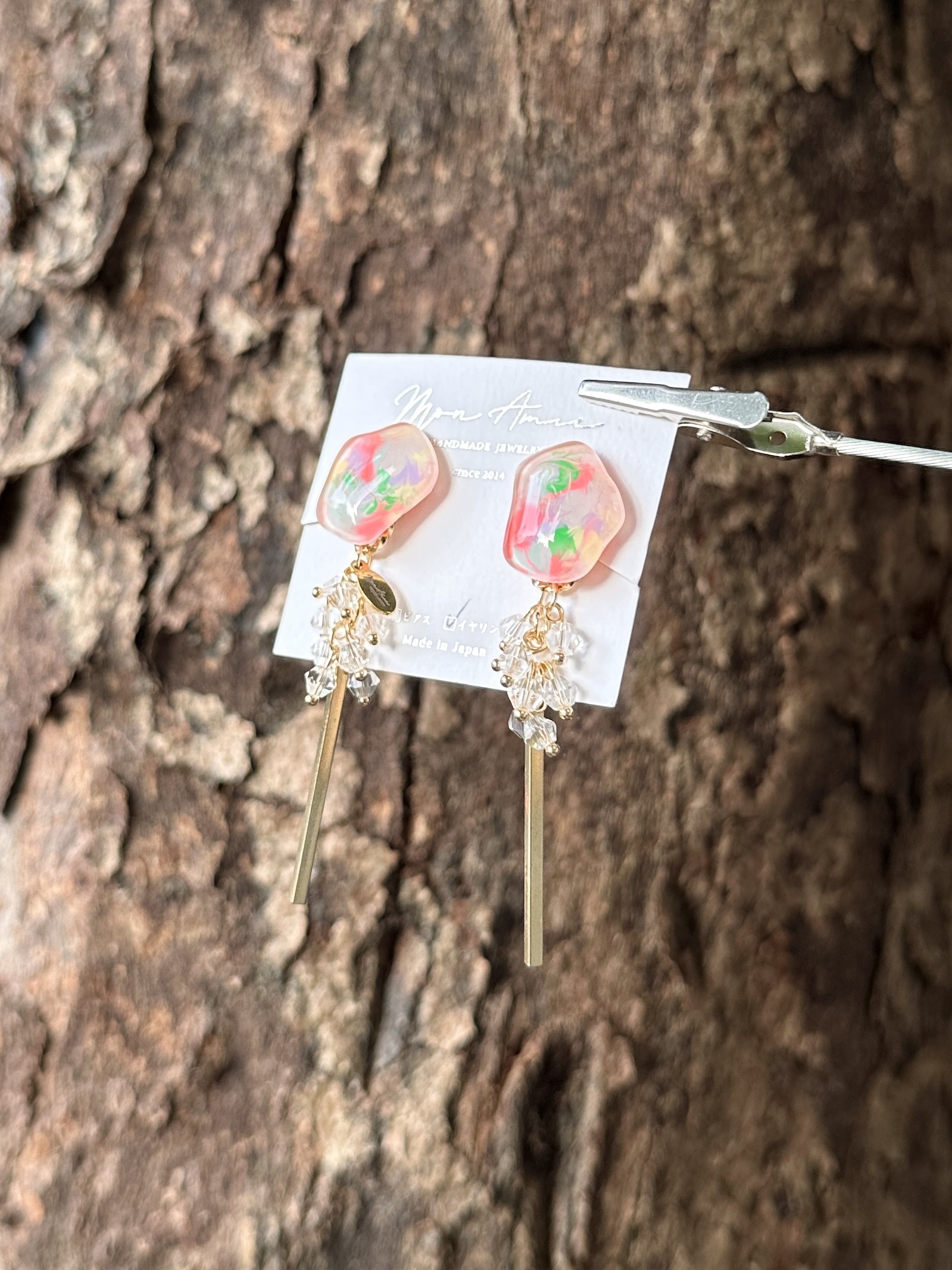 [Mon Amie] 2way 彩繪水滴透明珠吊棒耳環 | 粉色 | NO.48 | 耳夾