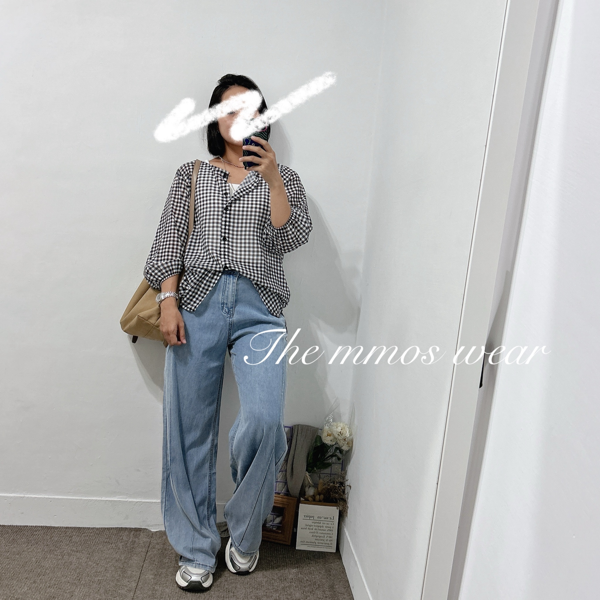 微透無領格紋襯衫 七分袖襯衫