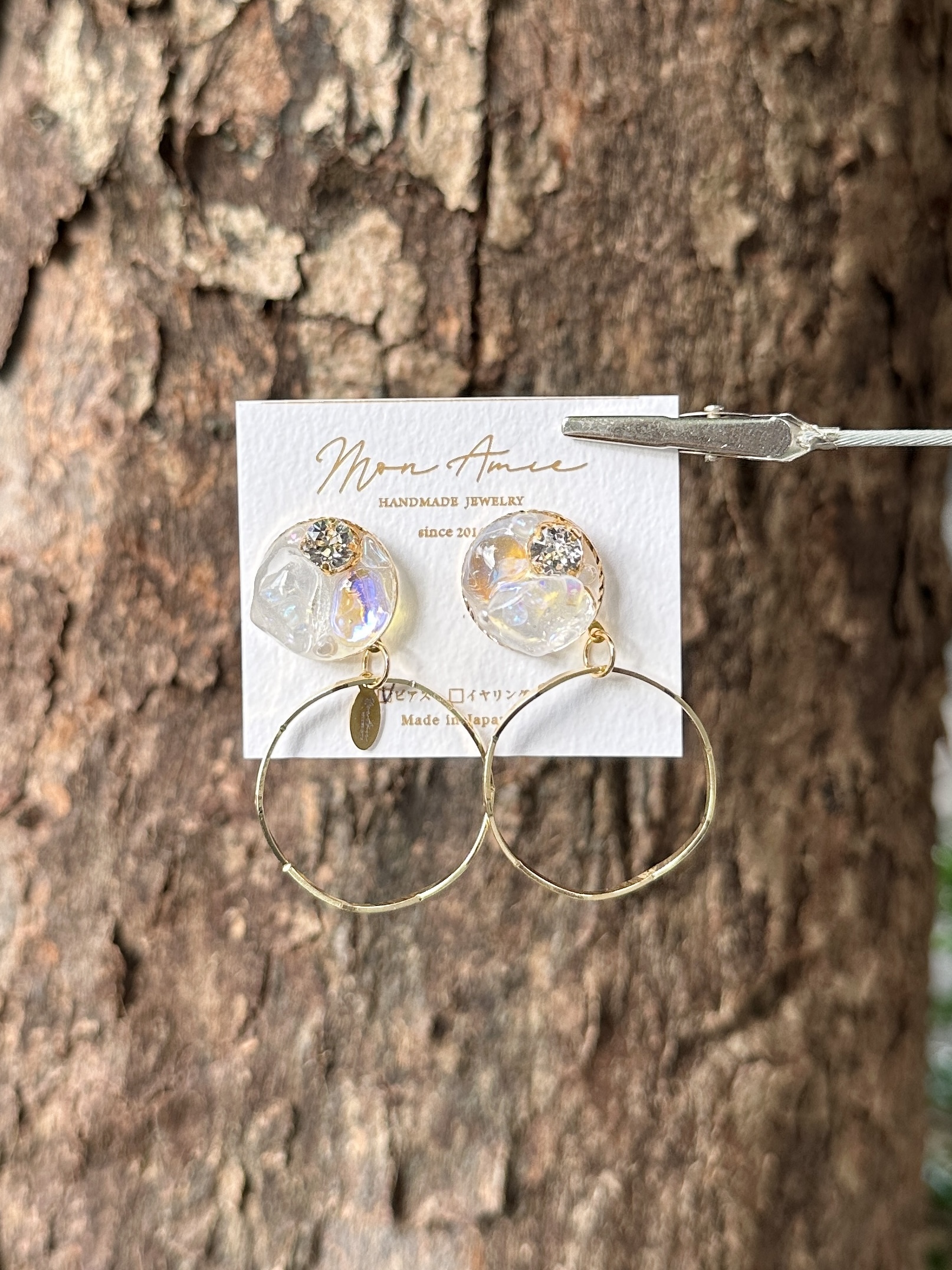 [Mon Amie] 2way 雙環彩石寶石耳環 | 金色 | NO.50 | 耳針