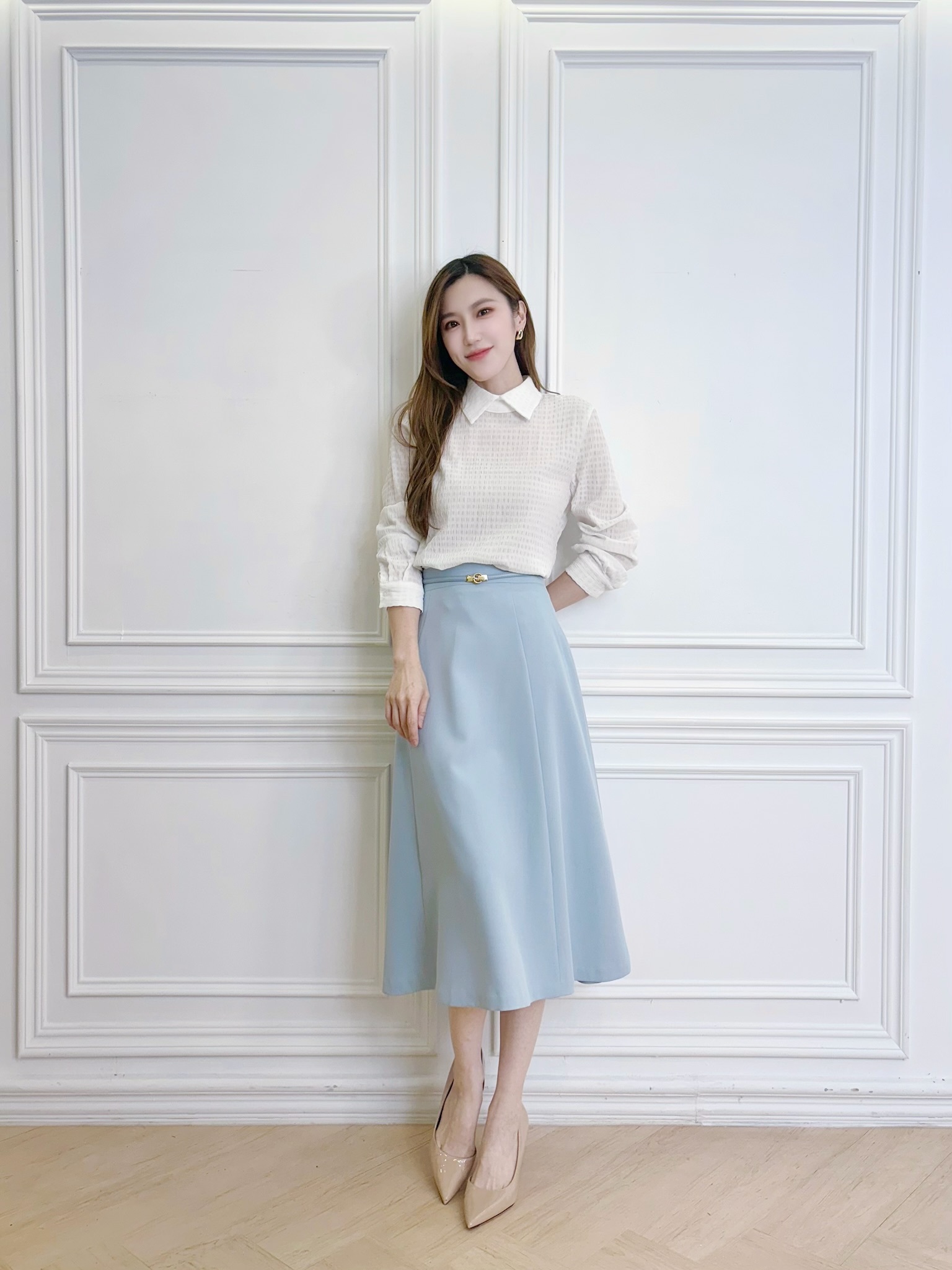 壓紋翻領長袖上衣