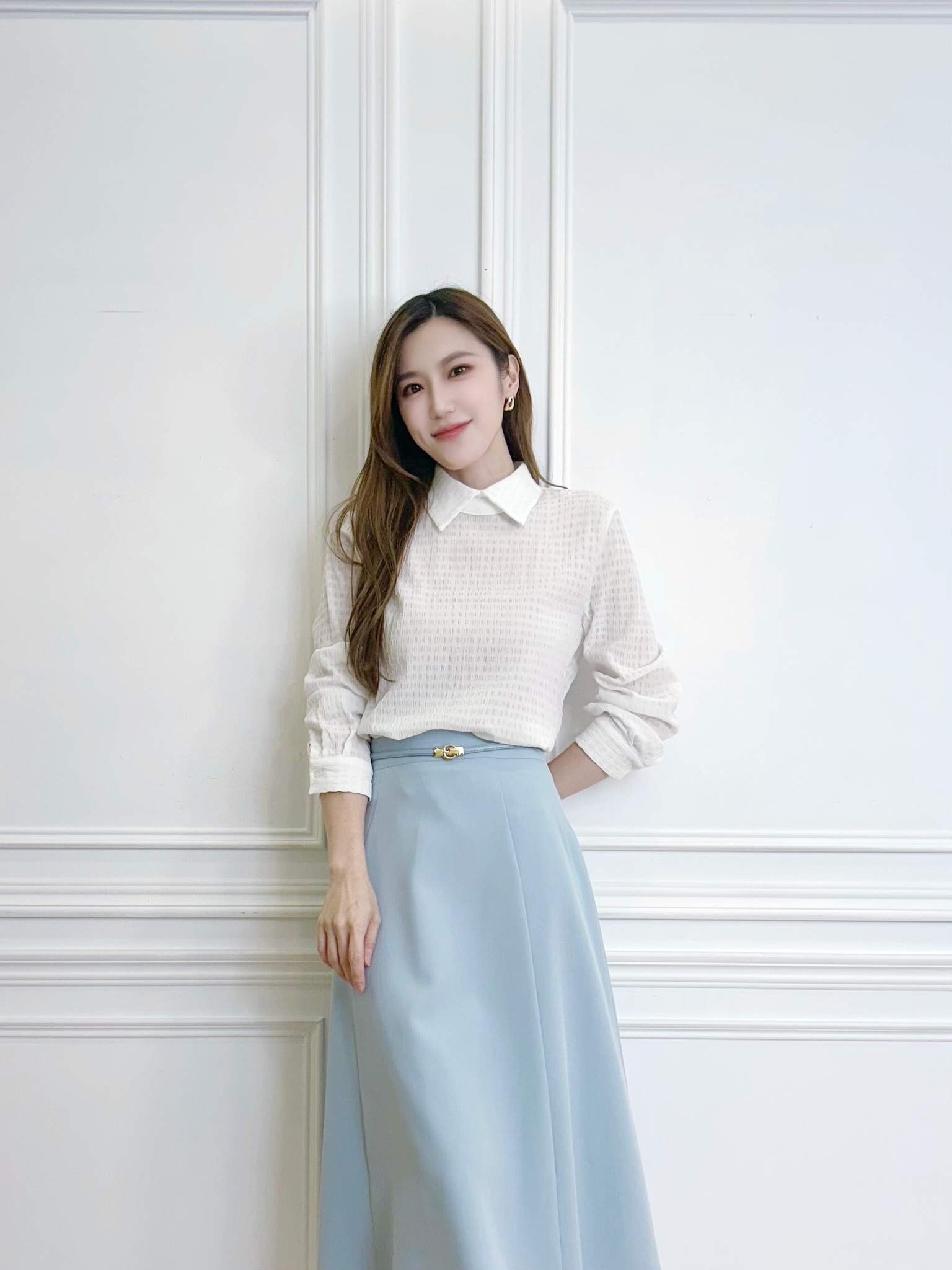 壓紋翻領長袖上衣