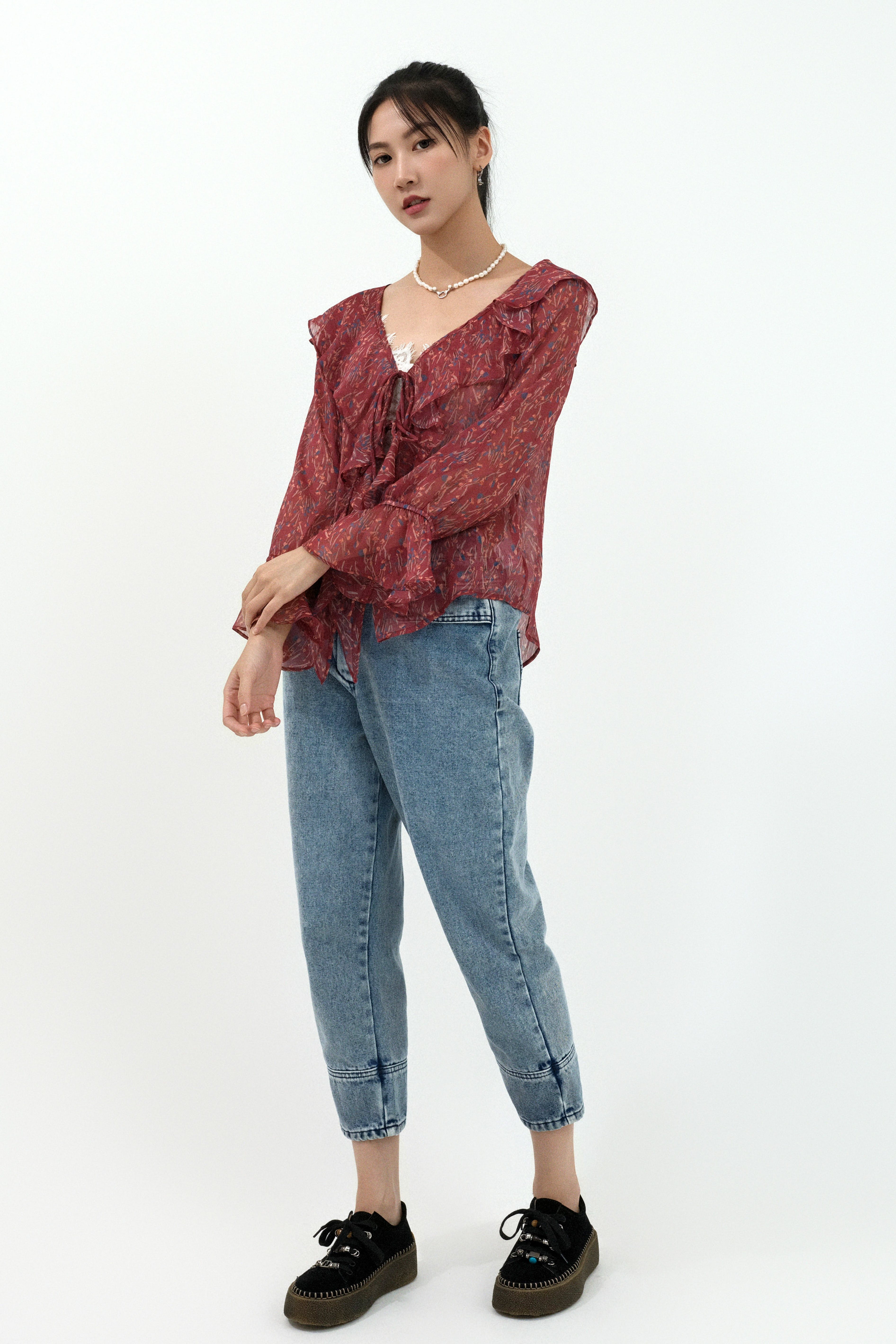 荷葉碎花雪紡開胸上衣 (現貨款式）