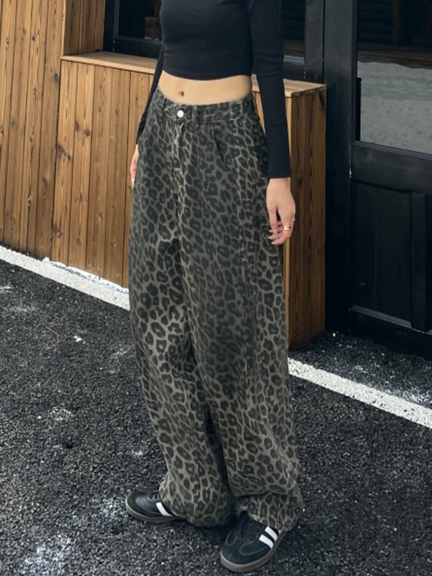 豹紋直筒彎刀落地褲