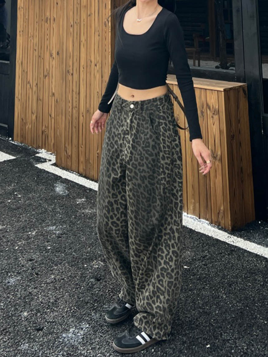 豹紋直筒彎刀落地褲