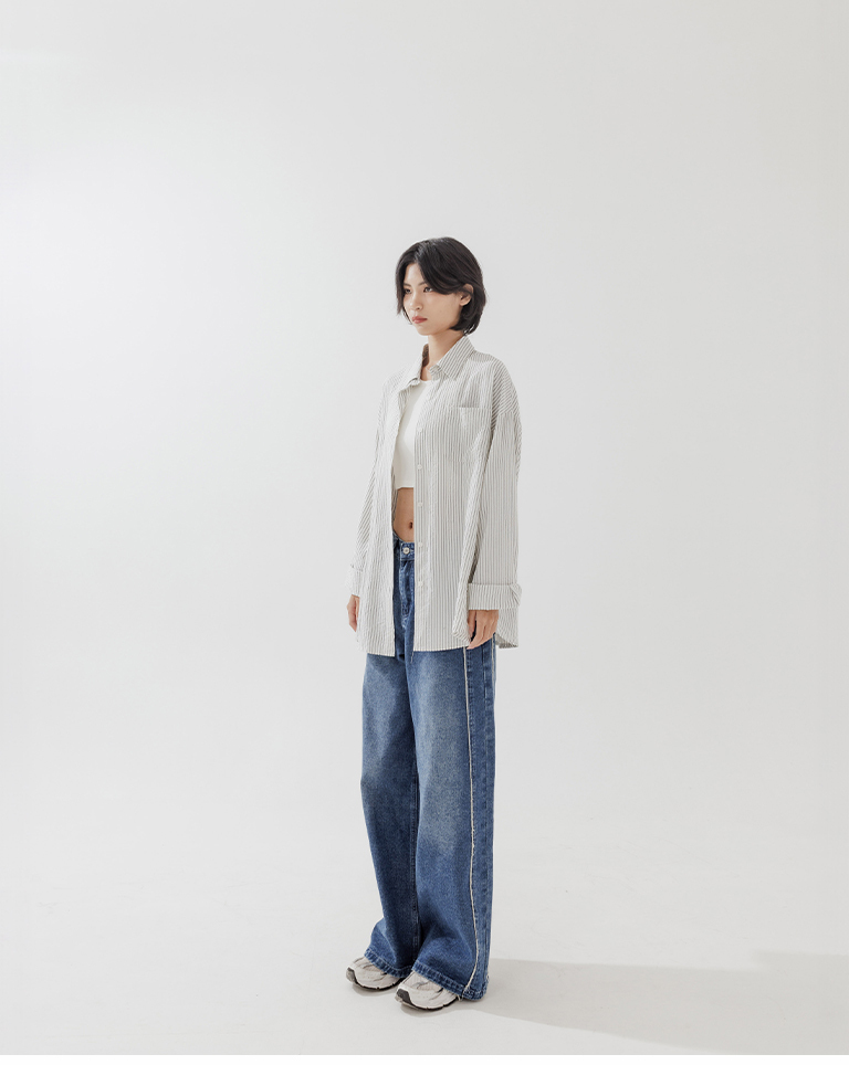 Striped crinkled wide-sleeved shirt【01025651】in stock+pre-order