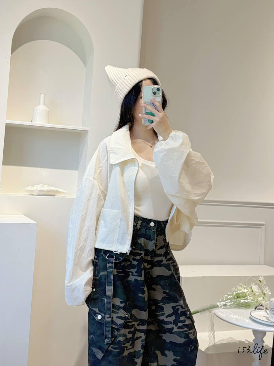 |現貨|刷刷布雙口袋翻領超長袖外套(杏)