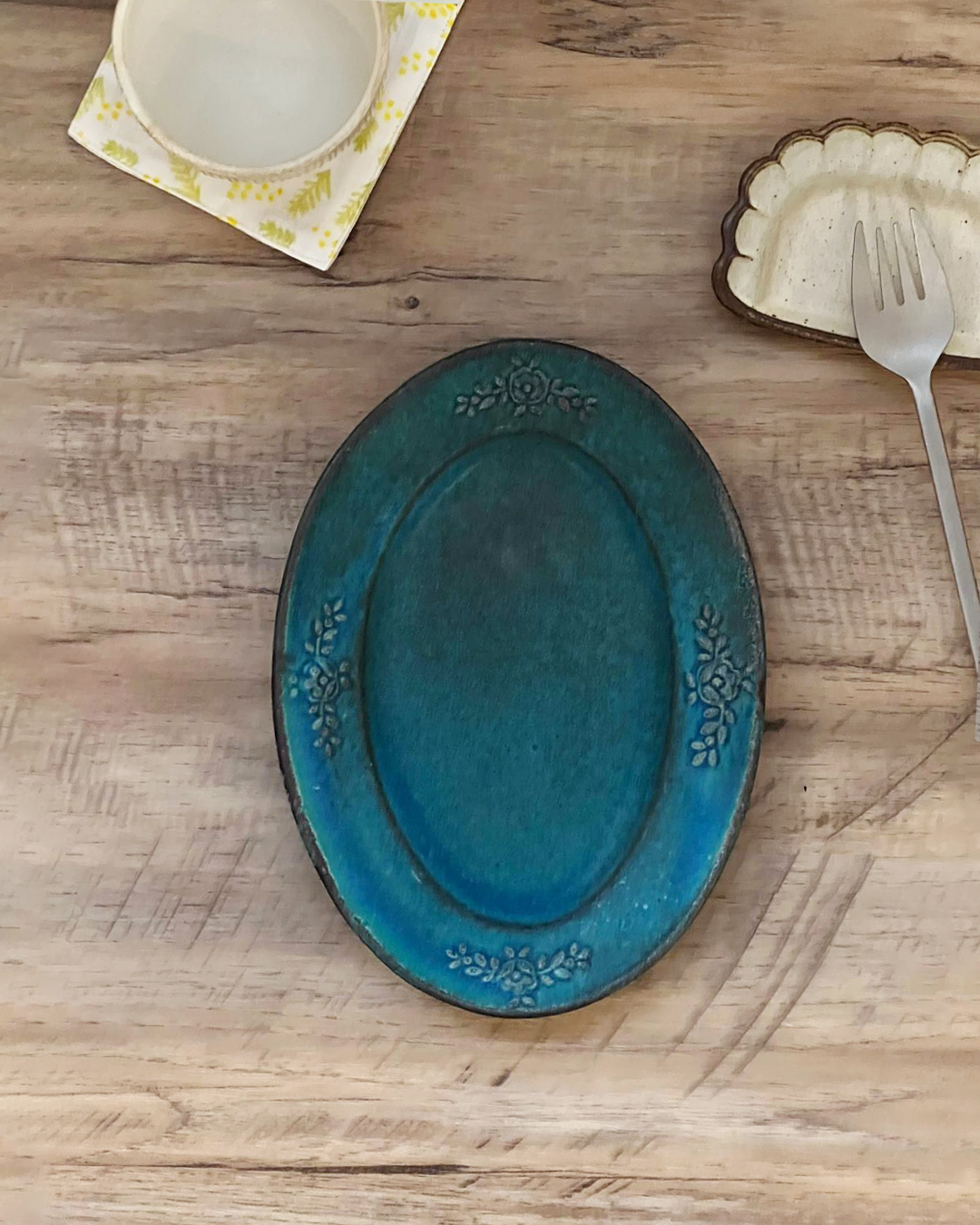 益子燒 玫瑰橢圓餐碟 松綠色｜職人 若林健吾