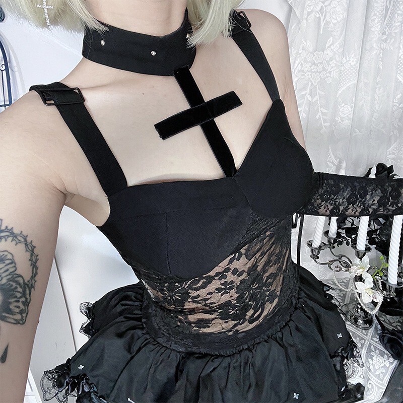 頸十字蕾絲背心